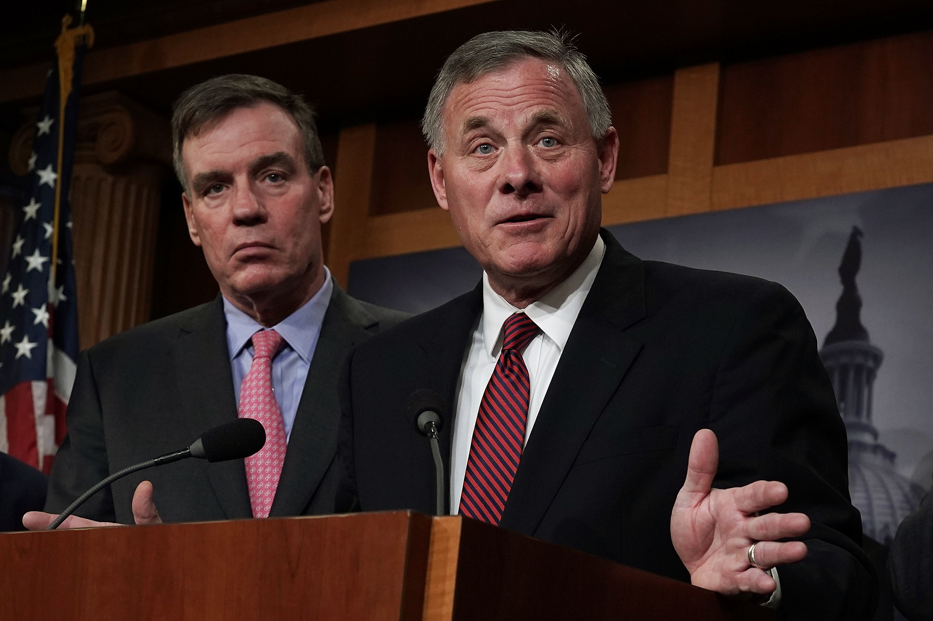 The report from the Senate intelligence committee — run by Chairman Sen. Richard Burr (right), R-N.C., and Vice Chairman Sen. Mark Warner, D-Va. — includes recommendations for future election security. (Getty Images)
