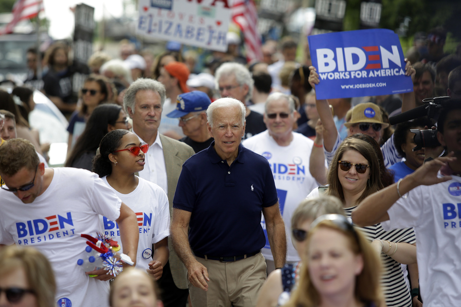 In this week's Democratic debate, former Vice President Joe Biden is expected to be tested again on race. Above, he attends the Fourth of July parade in Independence, Iowa. (Joshua Lott/Getty Images)