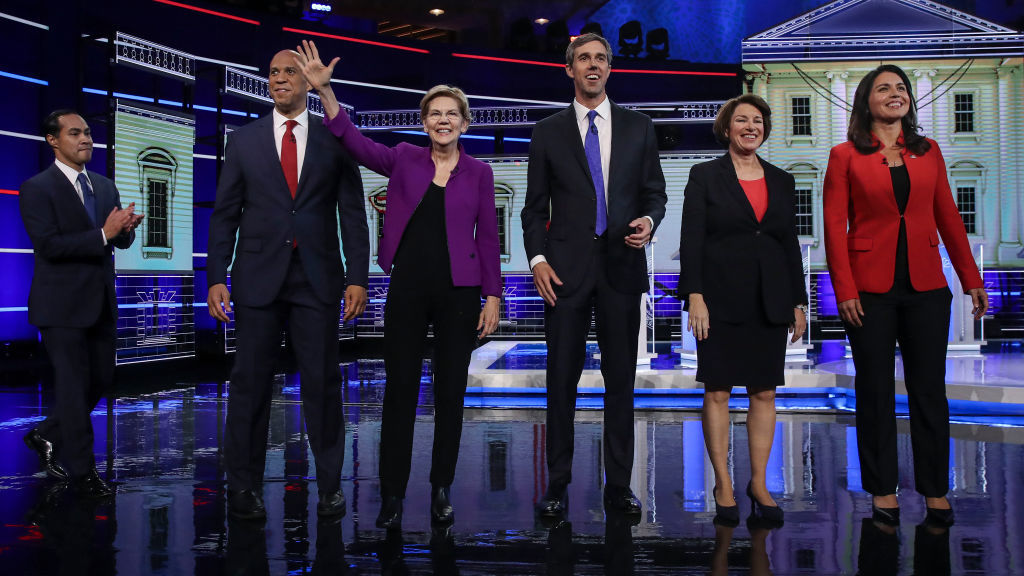 (From left) Former Housing Secretary Julián Castro, New Jersey Sen. Cory Booker, Massachusetts Sen. Elizabeth Warren, former Texas Rep. Beto O'Rourke, Minnesota Sen. Amy Klobuchar and Hawaii Rep. Tulsi Gabbard. Warren, Booker and O'Rourke have already qualified for the Democratic debate in September. (Getty Images)