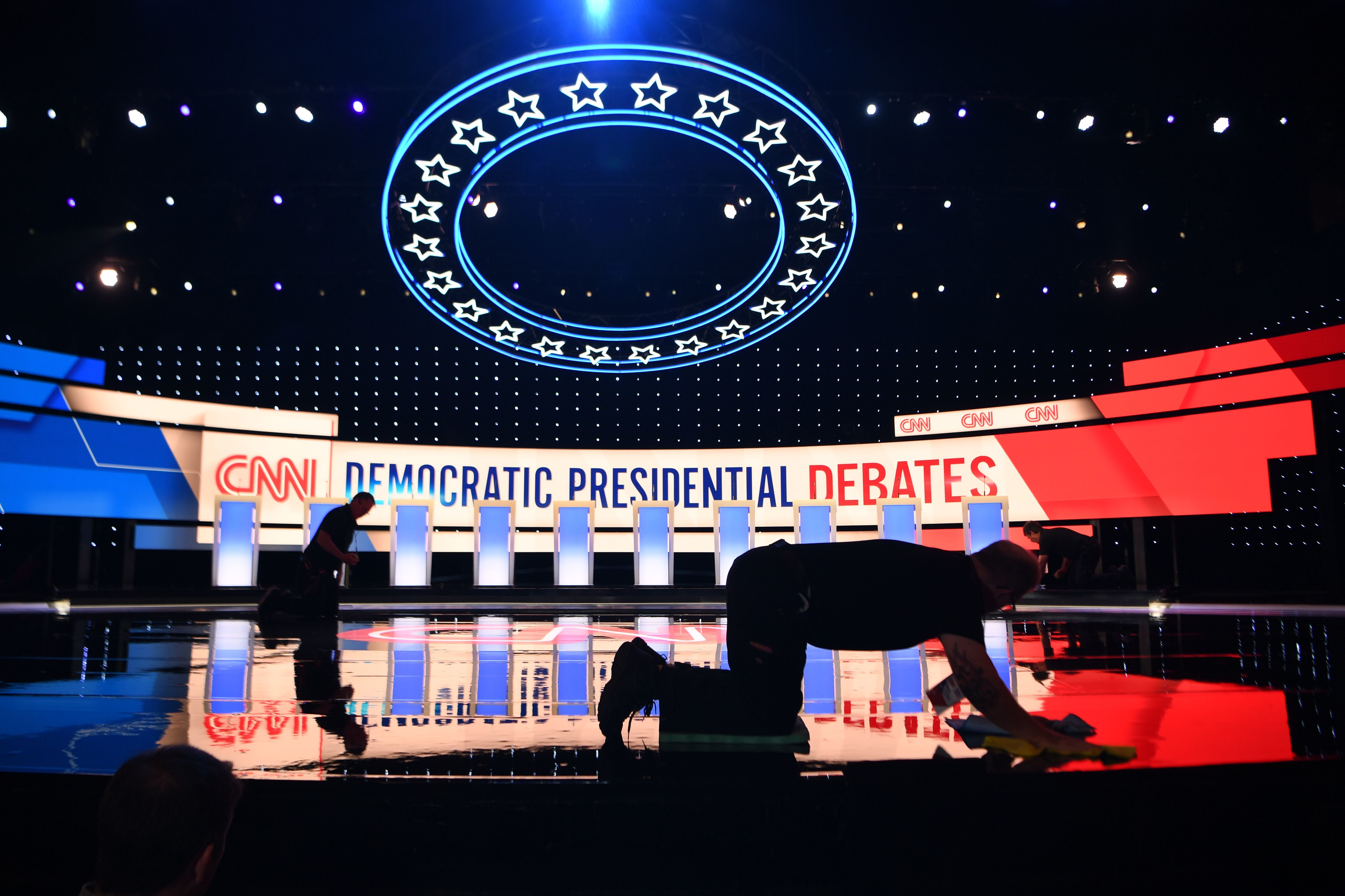 Workers prepare the debate stage at the Fox Theatre in Detroit ahead of Tuesday's Democratic presidential debate. (AFP/Getty Images)