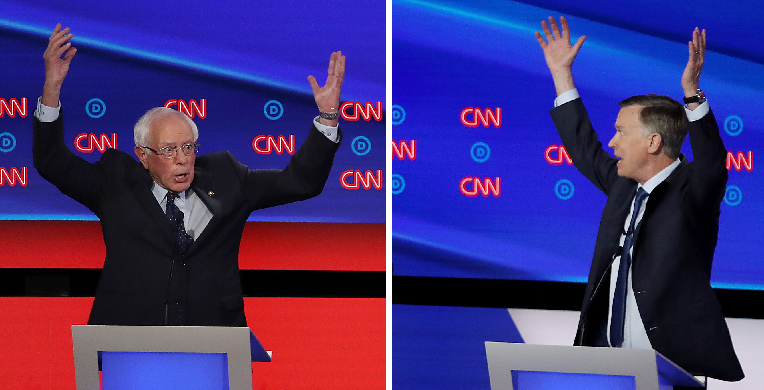 Democratic presidential candidate Sen. Bernie Sanders (left) gestures while former Colorado governor John Hickenlooper (right) speaks during the Democratic Presidential Debate at the Fox Theatre in Detroit, Michigan. (Getty Images)