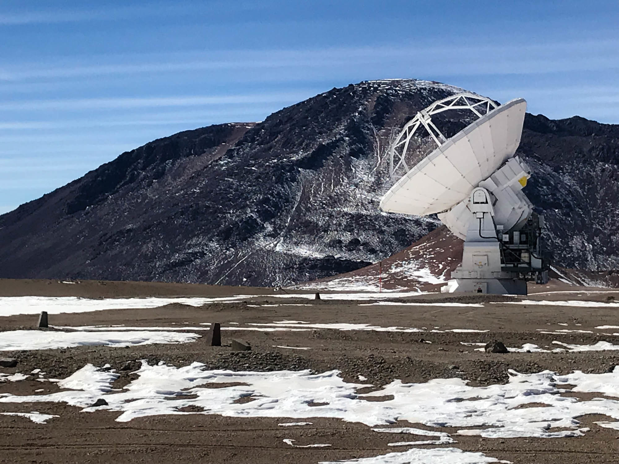 One of the 54 steerable dishes that make up much of the Atacama Large Millimeter Array in Chile's Atacama Desert. This one is 39 feet in diameter. (Hudson Works)