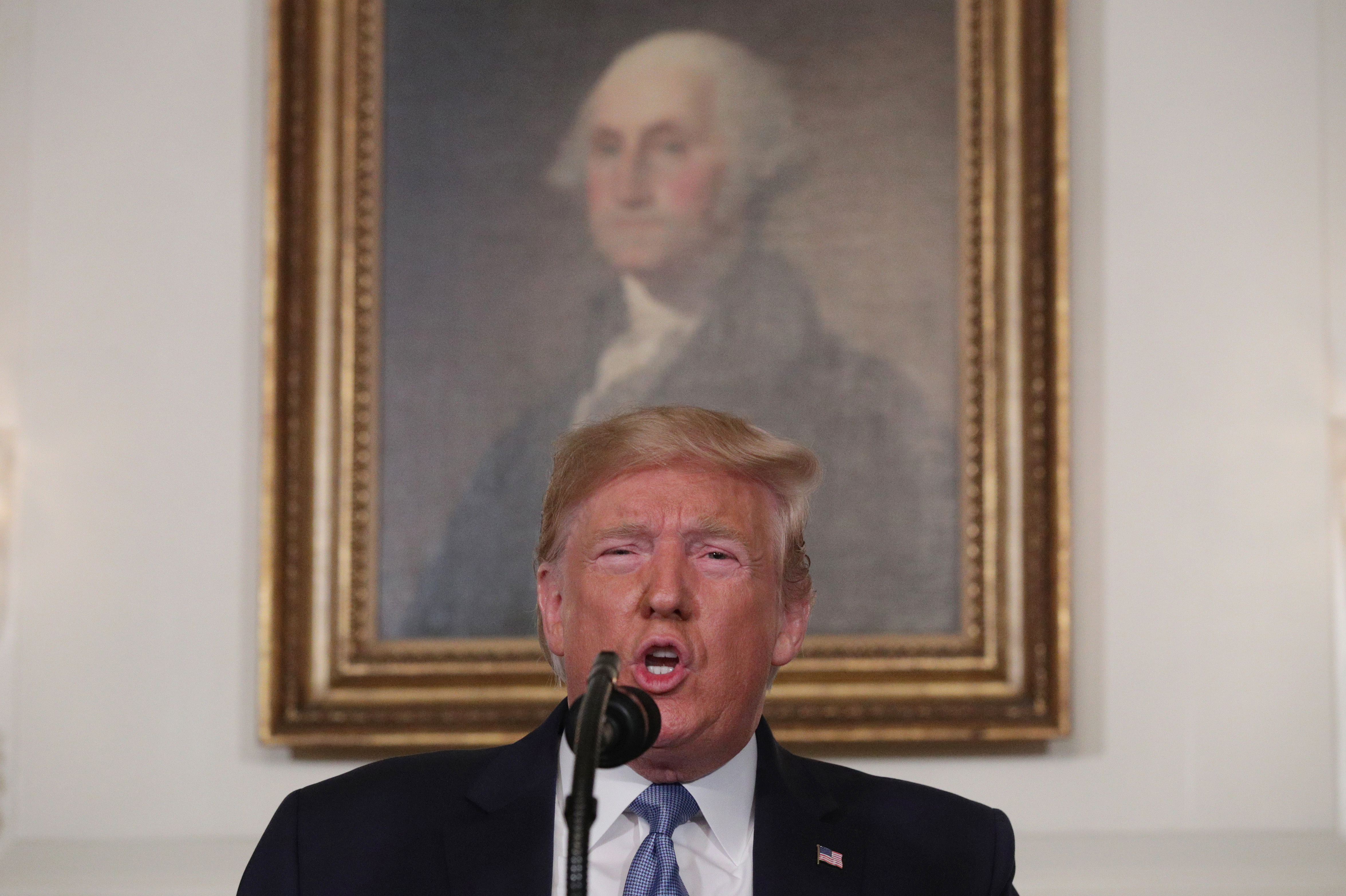 President Trump speaks in the Diplomatic Reception Room of the White House on Monday regarding the mass shootings in El Paso, Texas, and Dayton, Ohio, over the weekend. (Getty Images)