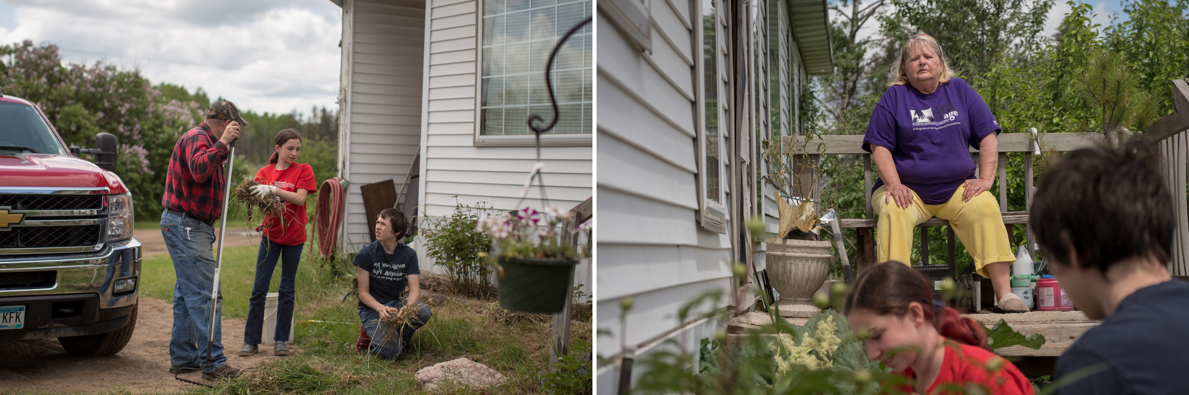 Doering, Seybold and Ponthieux, all with Kids Plus, clean up a flower bed in Coplan's yard. Coplan has worked with over 50 kids in the program. As her health declined in recent years, she turned to the community's children for help with maintaining her house and yard.
