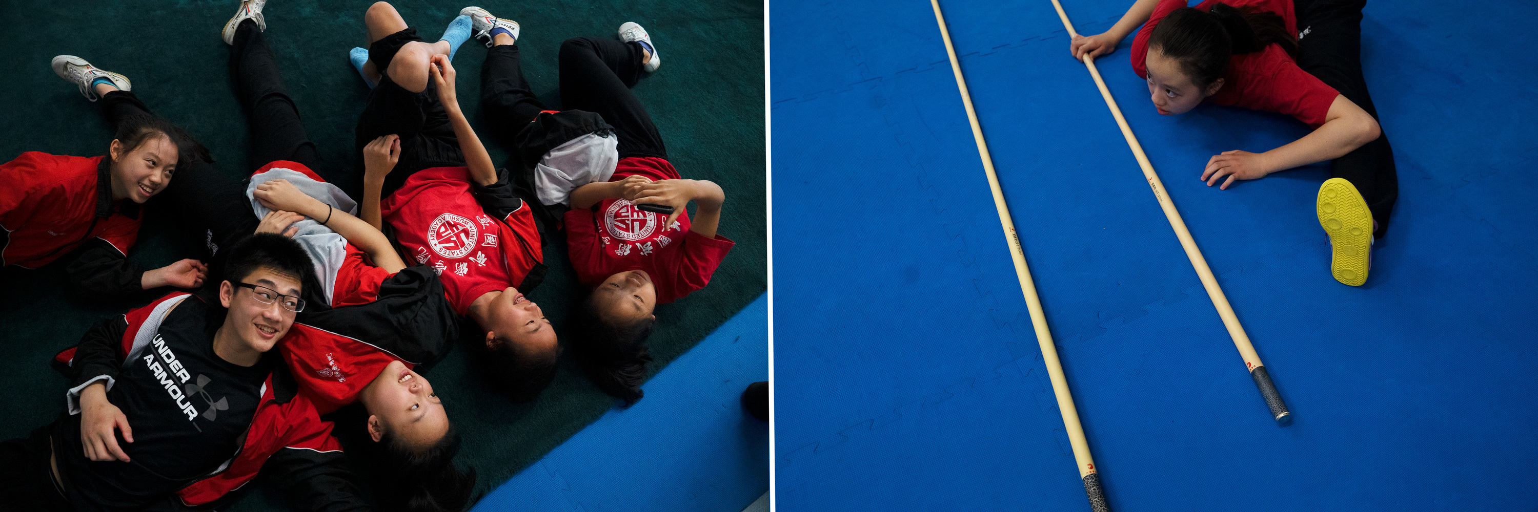Wushu Coaches Help Chinese Students Master Literacy And 'Become A Better Person' 6 Left: The advanced team laugh together during a break. Right: A Wushu student stretches to prepare for practice.