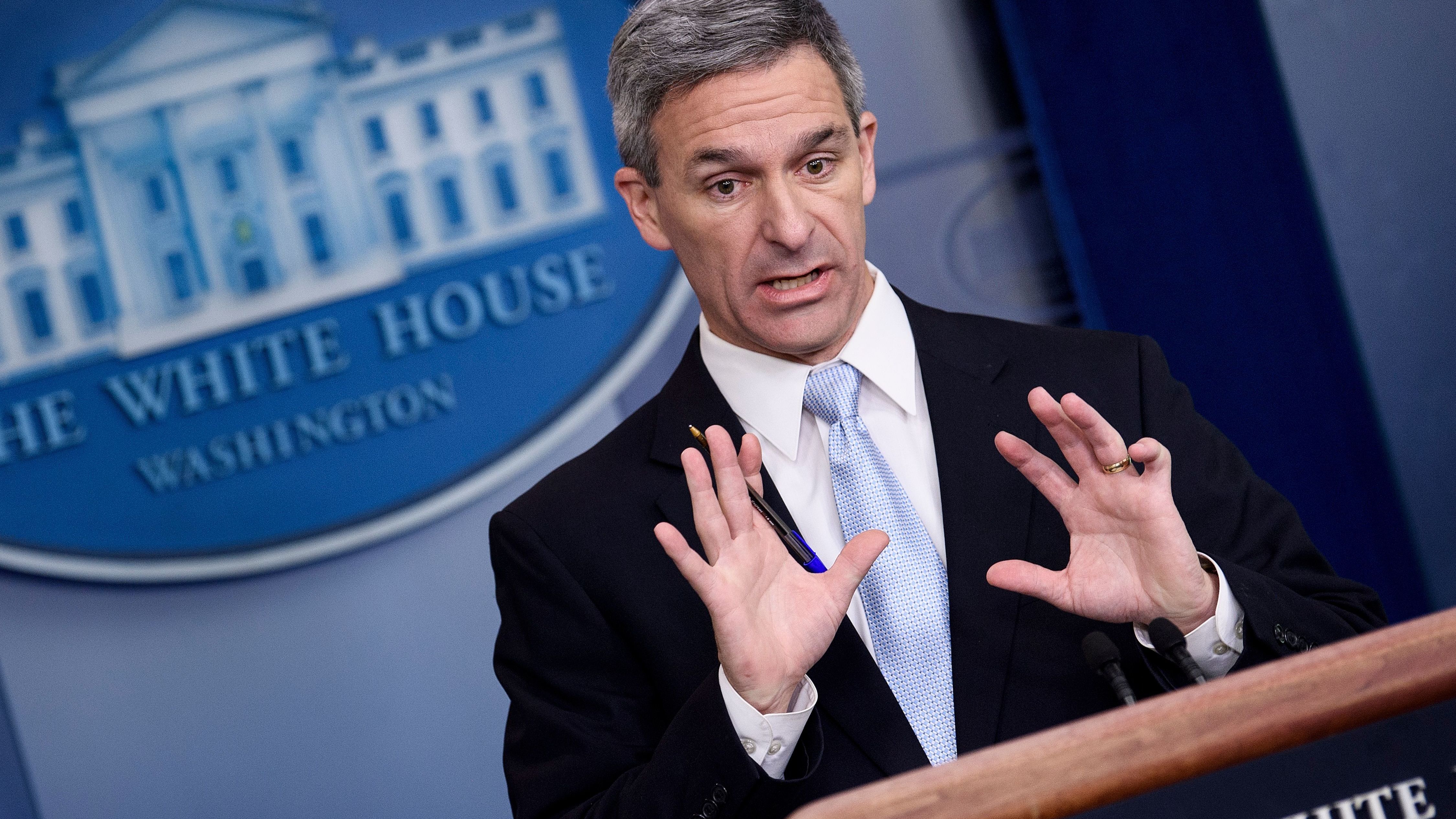 Ken Cuccinelli, the acting director of U.S. Citizenship and Immigration Services, speaks during a briefing at the White House on Monday. Trump administration officials announced new rules that aim to deny permanent residency to migrants who may need to use food stamps, Medicaid and other public benefits. (AFP/Getty Images)