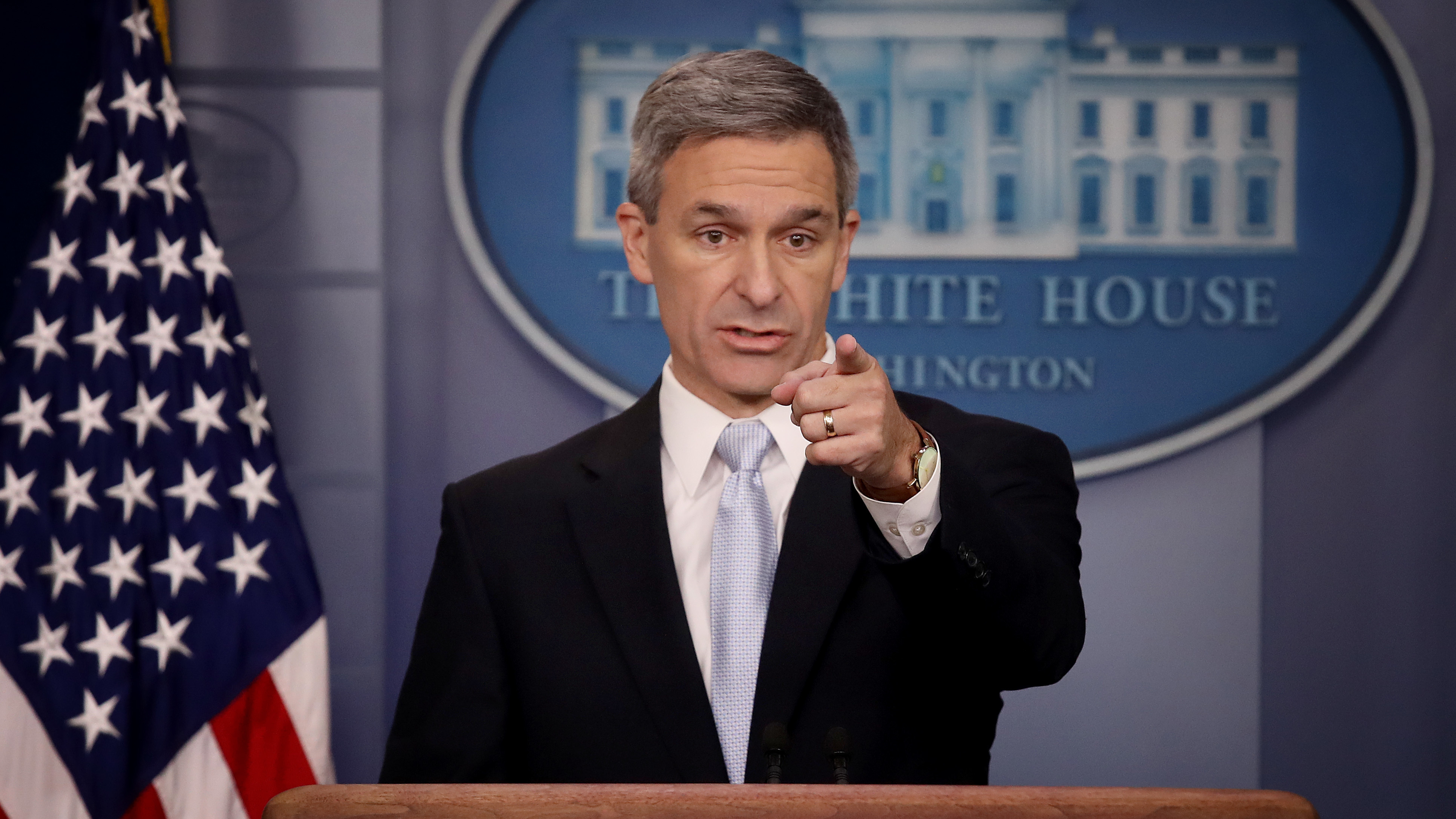 Ken Cuccinelli, the acting director of U.S. Citizenship and Immigration Services, said Monday at the White House that immigrants legally in the U.S. may no longer be eligible for green cards if they use food stamps, Medicaid and other public benefits. (Getty Images)