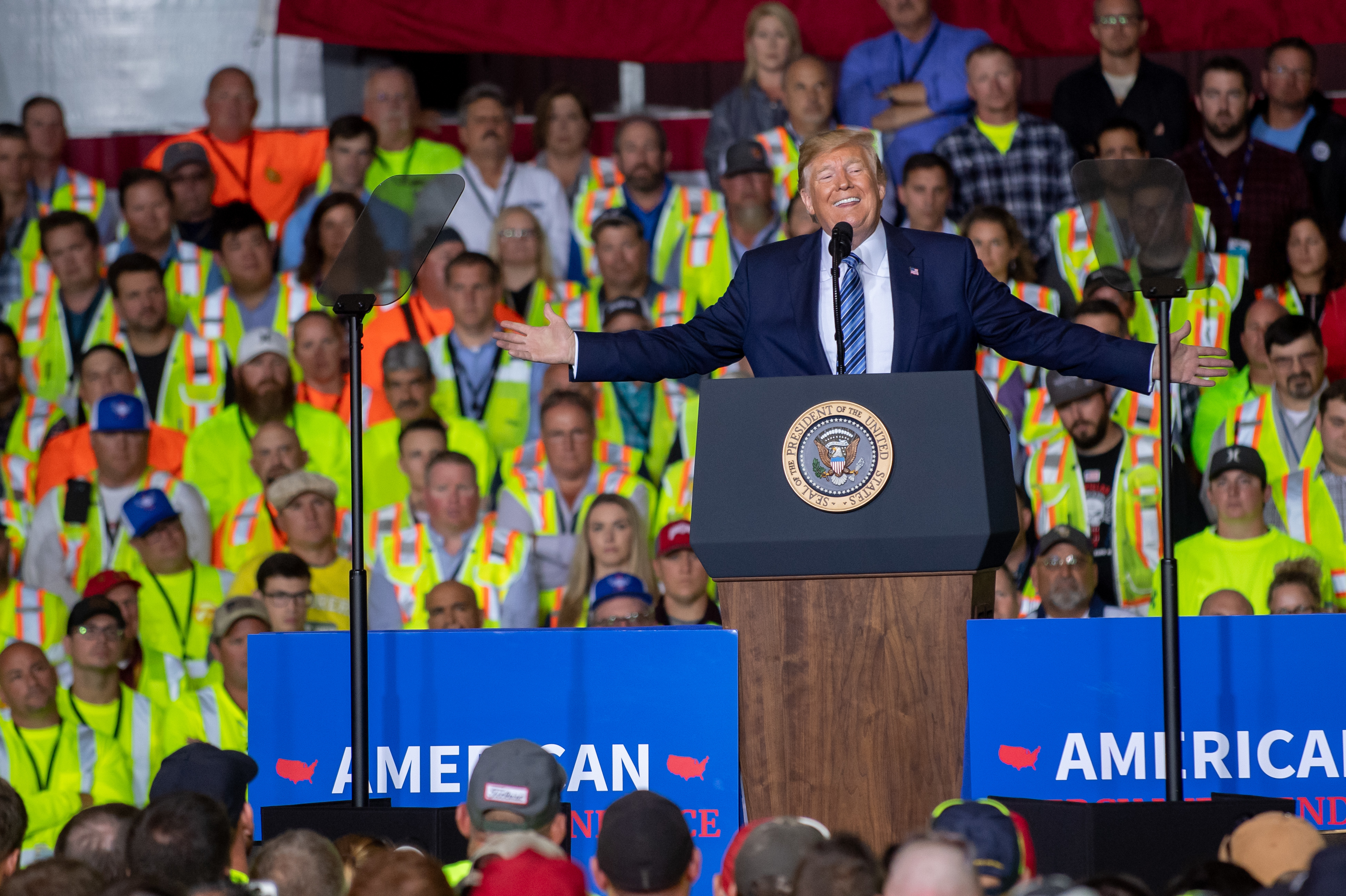 President Trump speaks to about 5,000 contractors at the Shell Chemicals Petrochemical Complex on Tuesday in Monaca, Pa. (Getty Images)