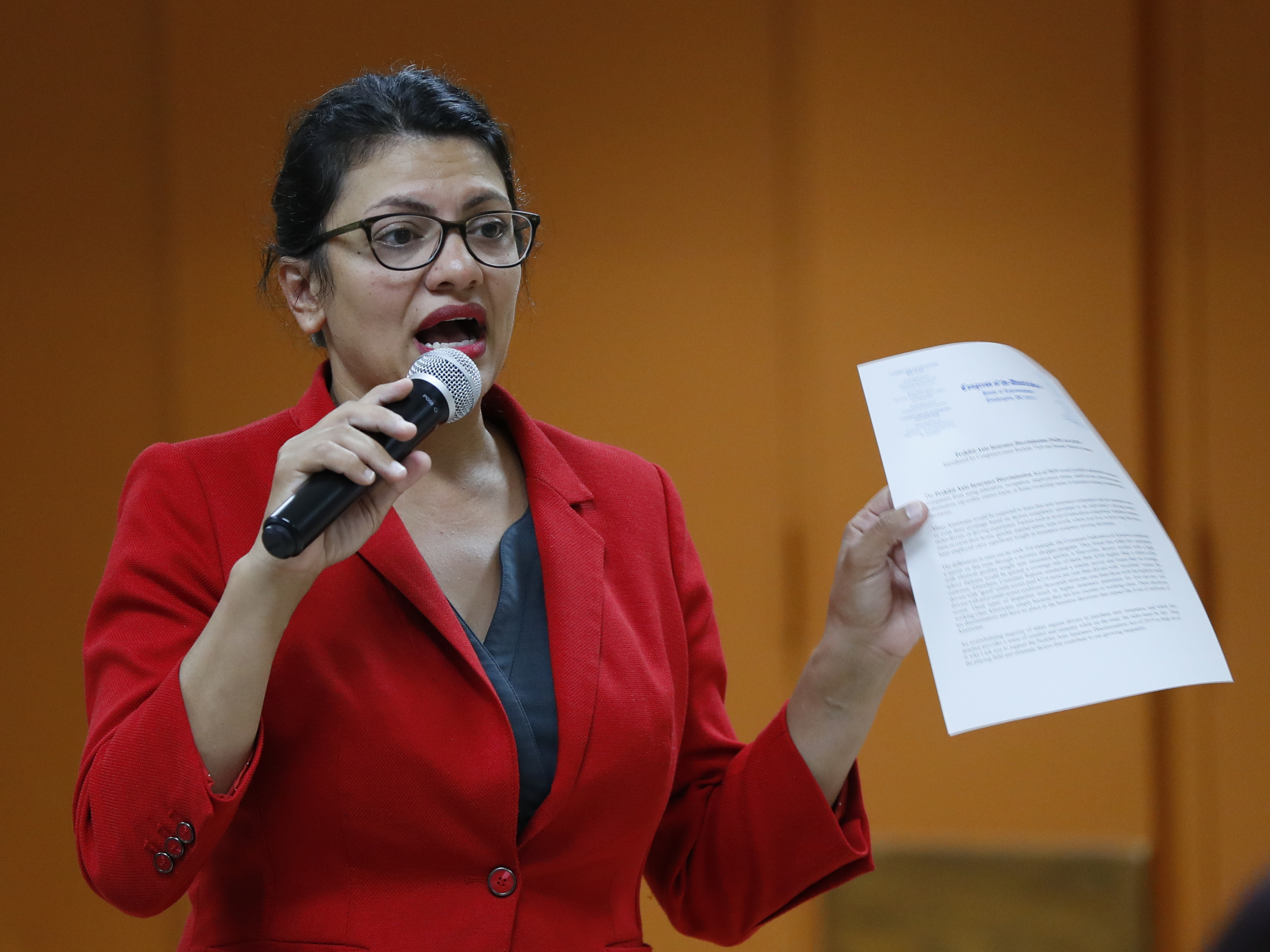 U.S. Rep. Rashida Tlaib, D-Mich., speaks to constituents in Wixom, Mich., on Thursday.