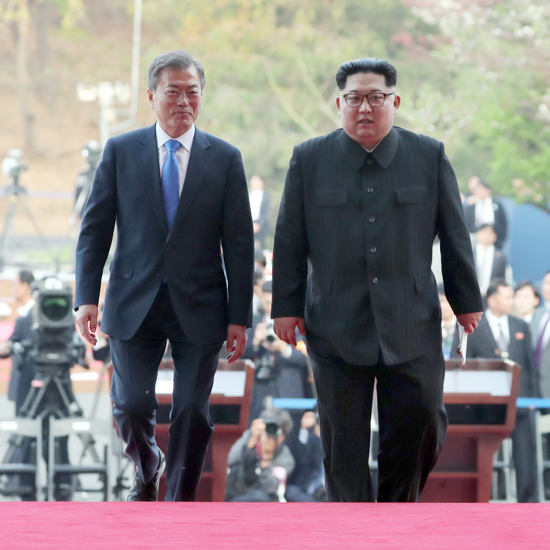 North Korean leader Kim Jong Un and South Korean President Moon Jae-in during the Inter-Korean Summit in April of last year in Panmunjom, South Korea. (NurPhoto via Getty Images)