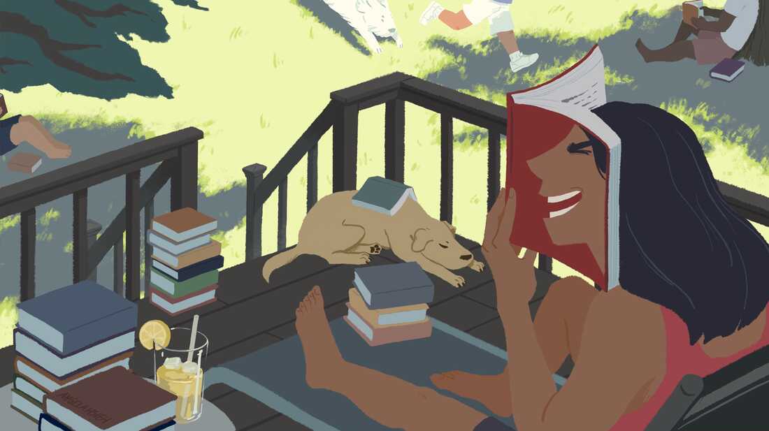 Illustration of a woman laughing while reading a book.
