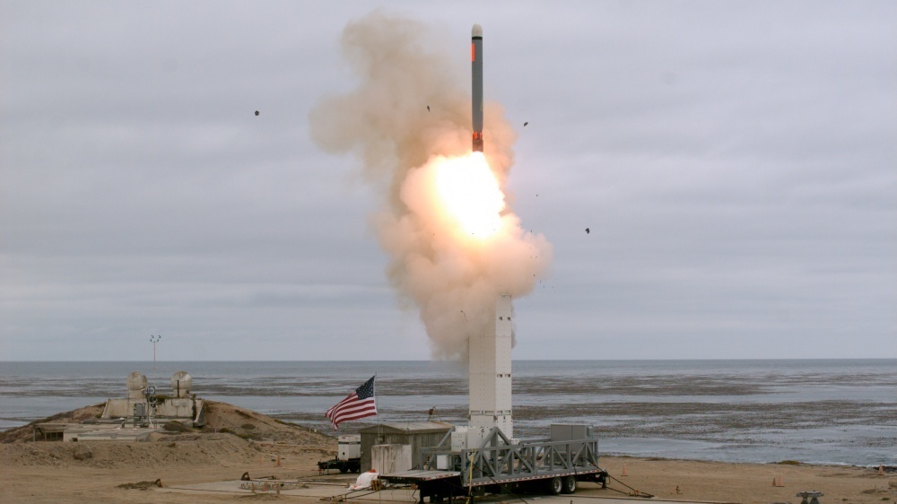 This photo released by the U.S. Defense Department shows the launch of a conventionally configured ground-launched cruise missile at San Nicolas Island, Calif., on Sunday.
