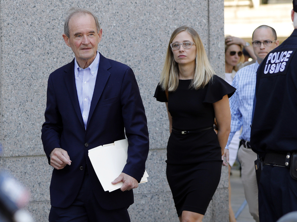 Attorney David Boies (left) and Annie Farmer, one of Jeffrey Epstein's accusers, walk to a news conference outside federal court in New York on July 15.