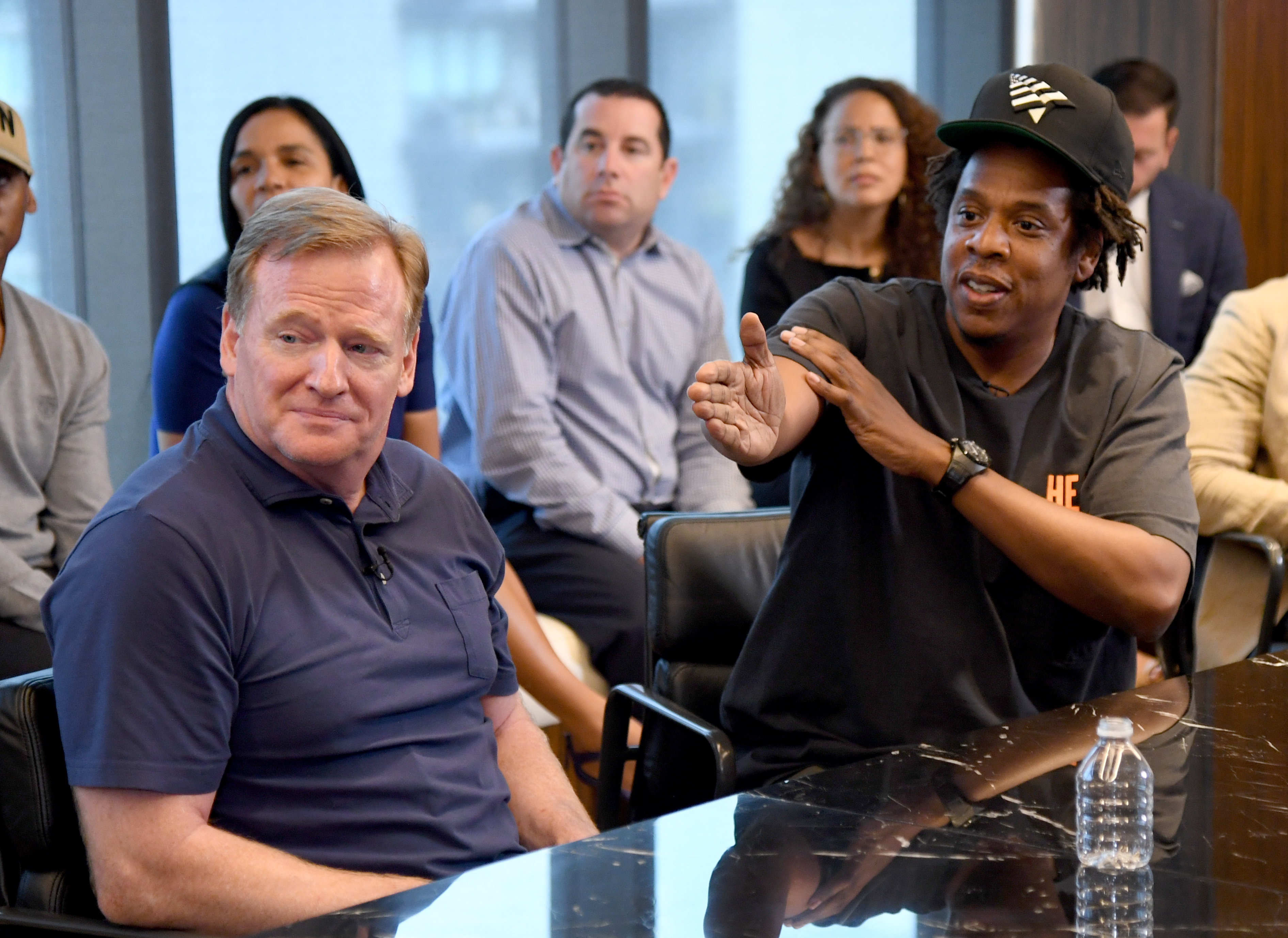 NFL commissioner Roger Goodell and Jay Z at Roc Nation's Manhattan headquarters on August 14, announcing a partnership between the sports league and the rapper's entertainment company. (Getty Images for Roc Nation)
