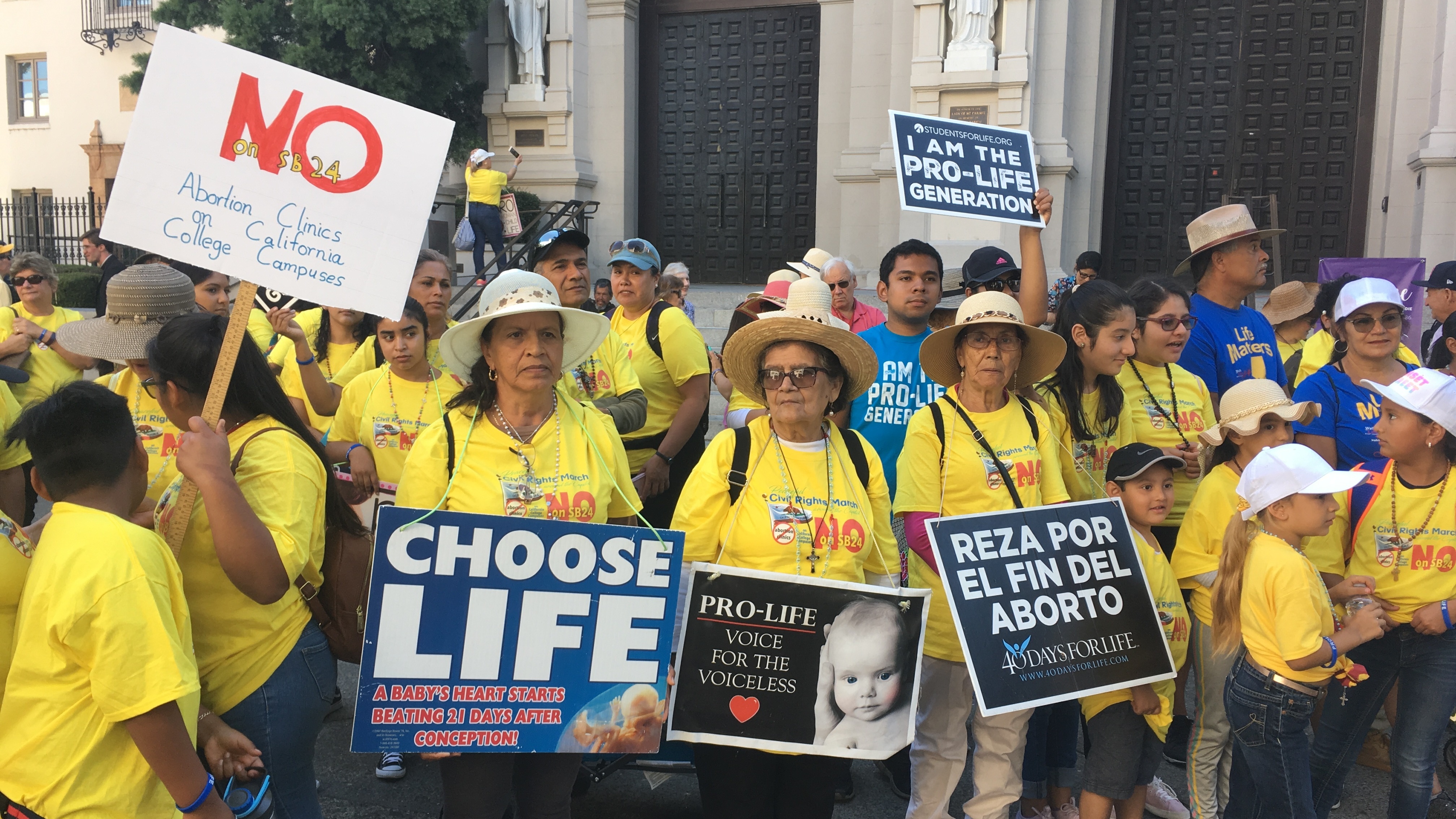 Abortion opponents in Sacramento, Calif., protest legislation that would require public university campuses in California to provide the pills used in medication abortion. (April Dembosky/KQED)