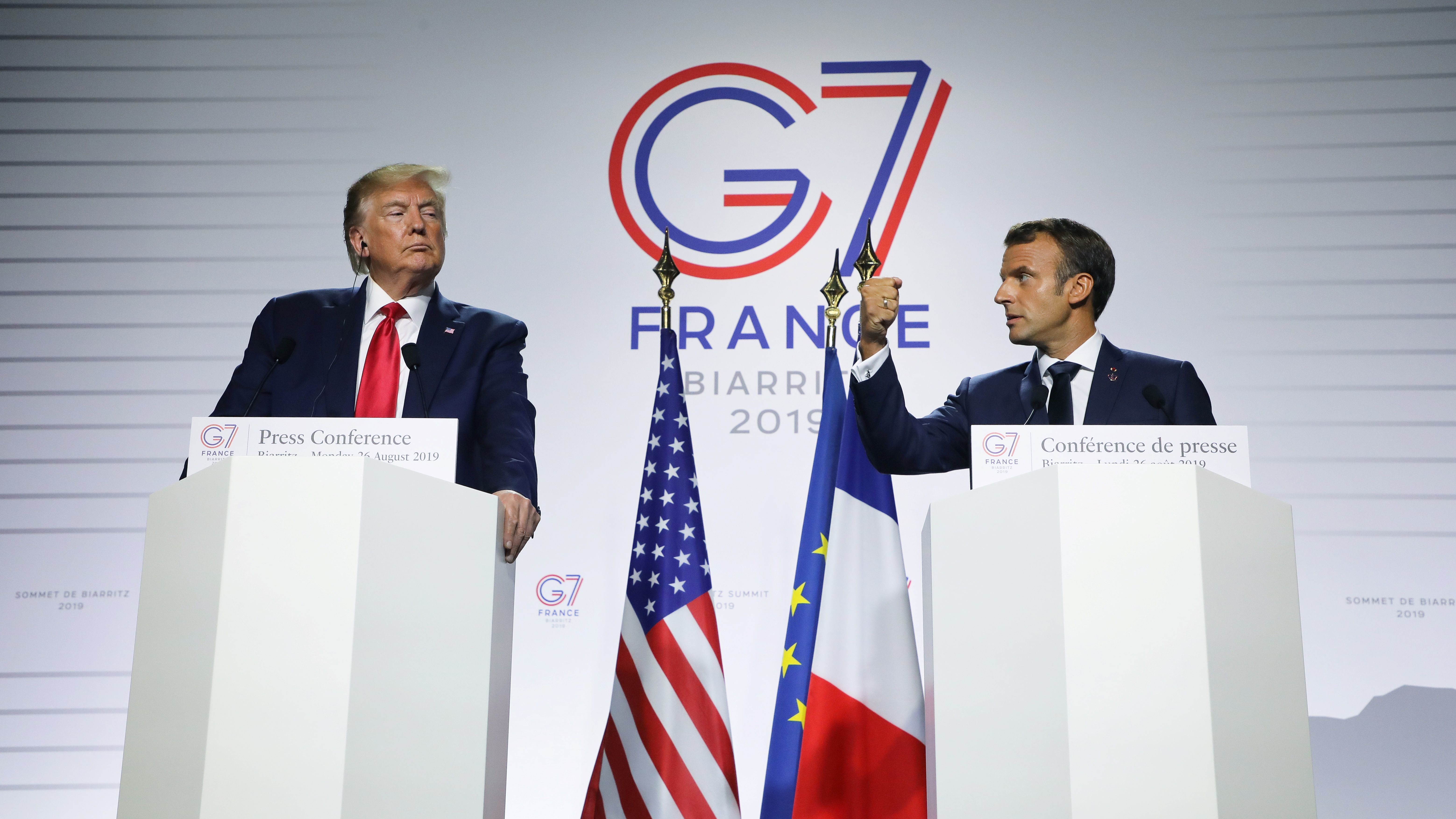 President Trump and France's President Emmanuel Macron deliver a joint news conference in Biarritz, southwest France, on Monday. (AFP/Getty Images)