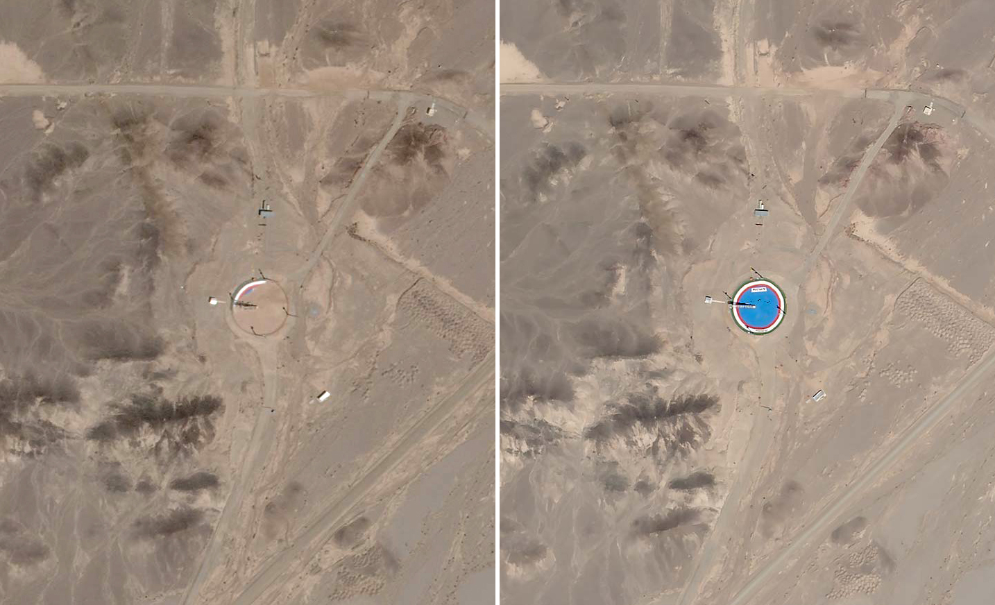 Satellite imagery from April 29 (left) shows the launch pad covered in debris. Imagery from August 24 (right) shows it with a fresh coat of paint. (Source: Planet Labs Inc.)