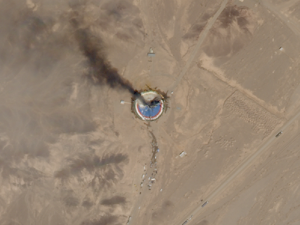 A satellite image from Thursday shows smoke billowing from a launch pad at the Imam Khomeini Space Center in northern Iran. (Planet Labs Inc. via Middlebury Institute of International Studies)