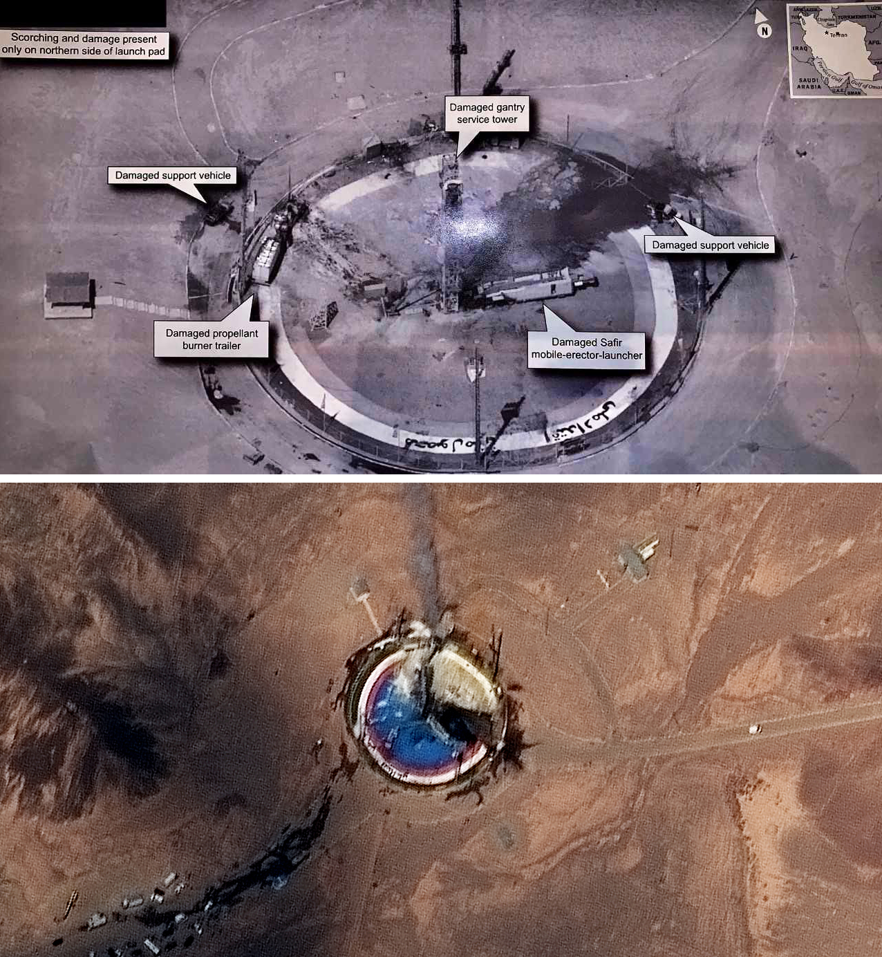 A commercial satellite image from the company Maxar (bottom); the image tweeted by President Trump (top) appears to be of better quality. ((Bottom) Satellite image ©2019 Maxar Technologies; (top) @realDonaldTrump)