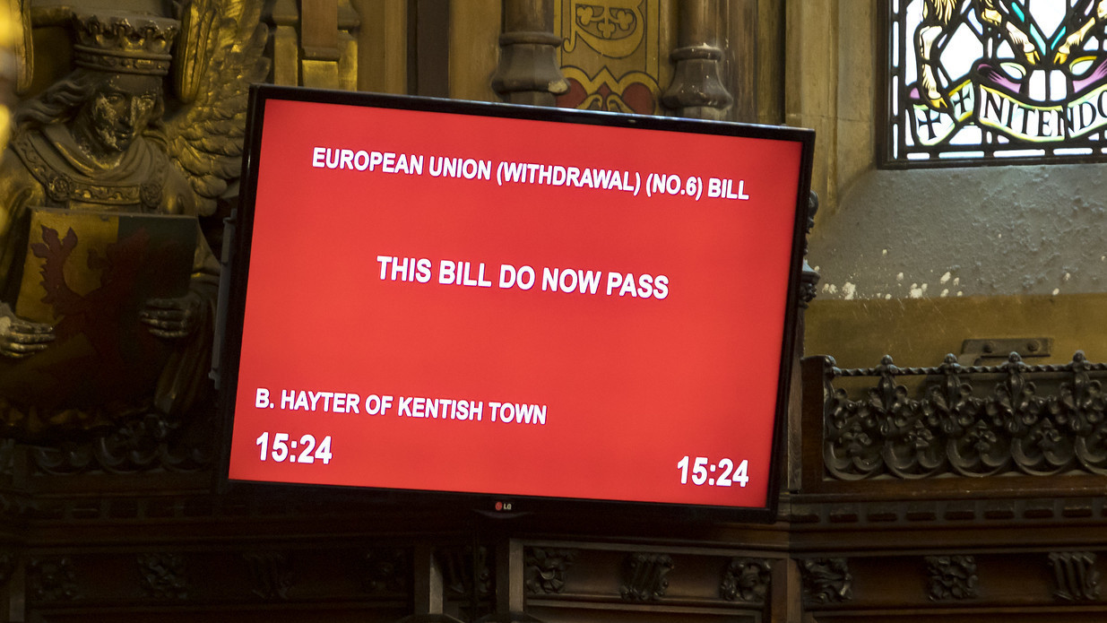 A monitor in the House of Lords shows its approval of a bill blocking a no-deal Brexit Friday. (House of Lords)