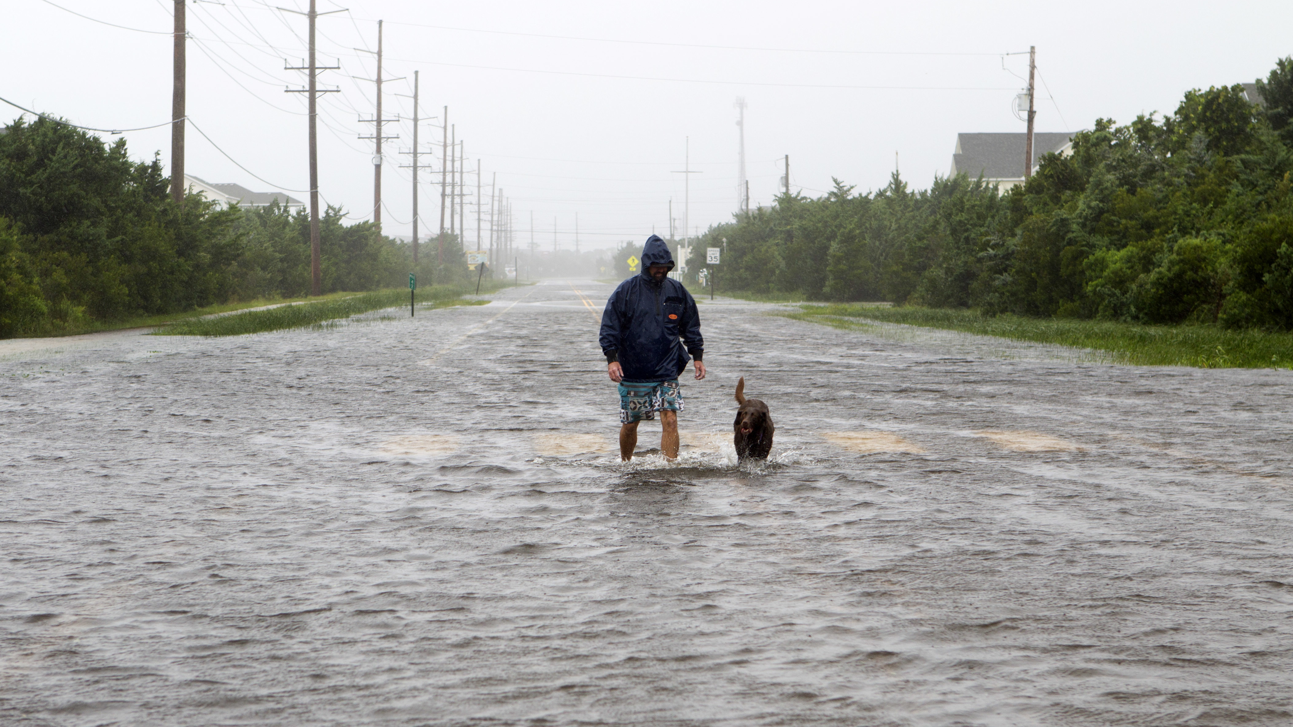 A resident walks his dog on a flooded road Friday in Salvo, N.C., in the Outer Banks, as Hurricane Dorian drenches the neighborhood with a torrential downpour. The storm made landfall Friday morning as a Category 1 hurricane. (AFP/Getty Images)