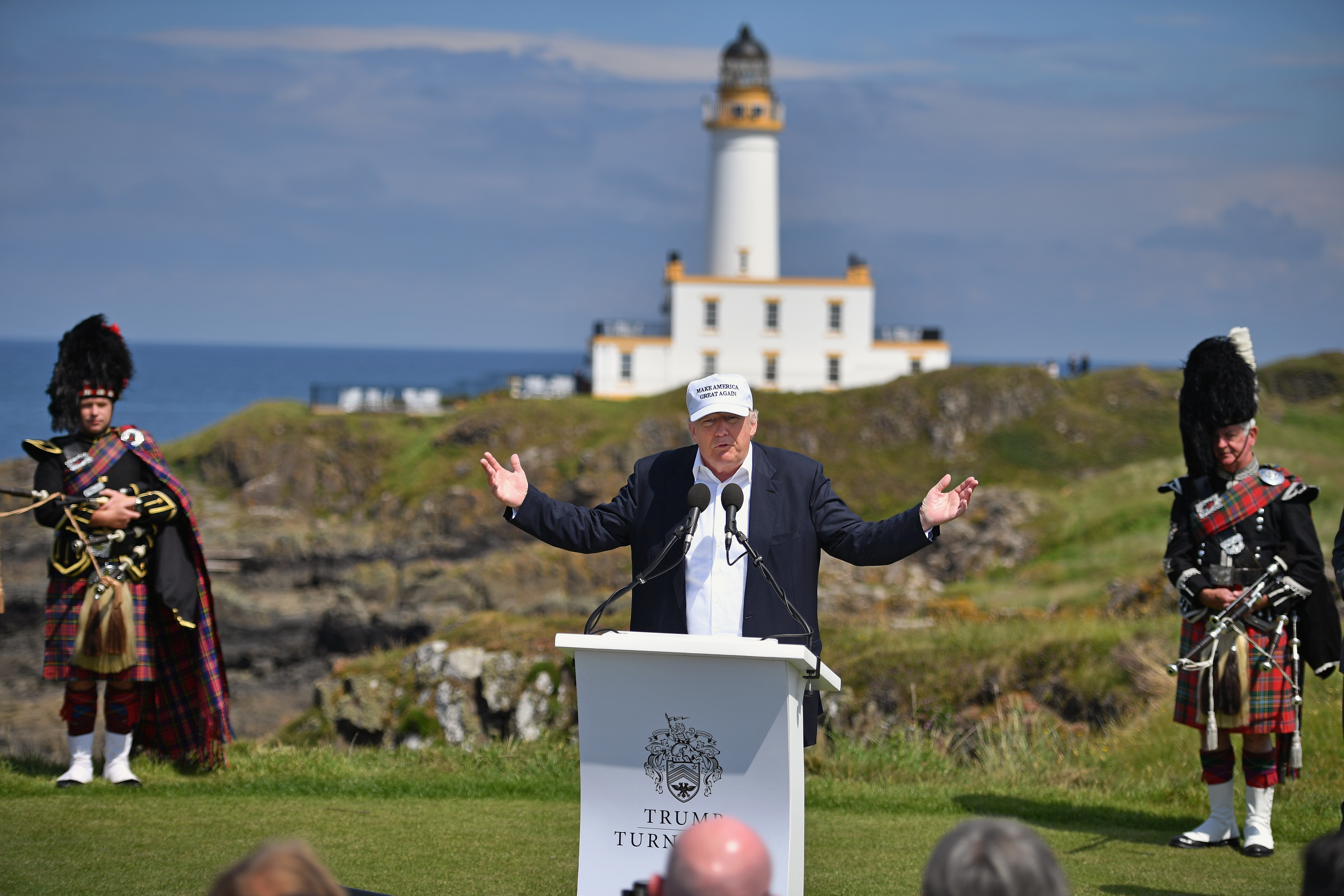 Donald Trump during a press conference at his Turnberry golf resort in Scotland in 2016 before becoming president. The U.S. Air Force confirms it's investigating claims that aircrews violated internal rules by staying at the resort. Trump says he had no knowledge of the stopovers. (Getty Images)