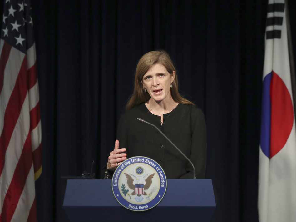Then U.S. Ambassador to the U.N. Samantha Power answers a reporter's question during a news conference in Seoul, South Korea on Oct. 9, 2016. (Lee Jin-man/AP)