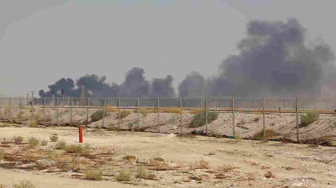 Smoke billows from an Aramco oil facility in Abqaiq about 60km (37 miles) southwest of Dhahran in Saudi Arabia. (Photo credit should read -/AFP/Getty Images)