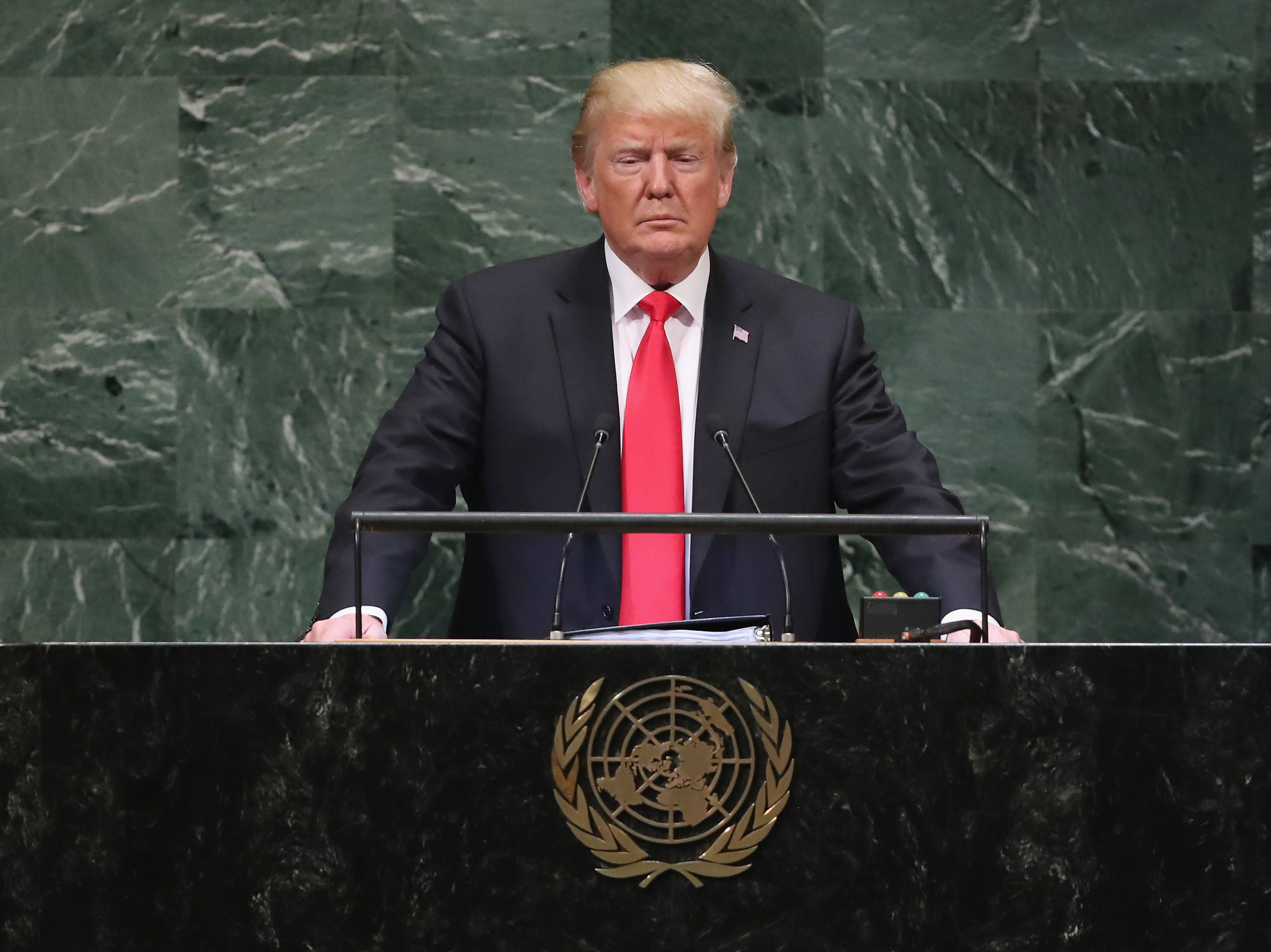 President Trump speaks before the U.N. General Assembly on Sept. 25, 2018. He'll address the assembly for the third time this week amid concerns about the role of U.S. leadership in the world. (Getty Images)