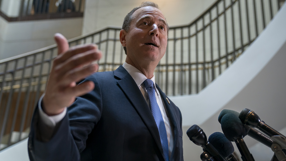 Rep. Adam Schiff, D-Calif., chairman of the House Intelligence Committee, speaks with reporters about a whistleblower complaint on Thursday. (J. Scott Applewhite/AP)