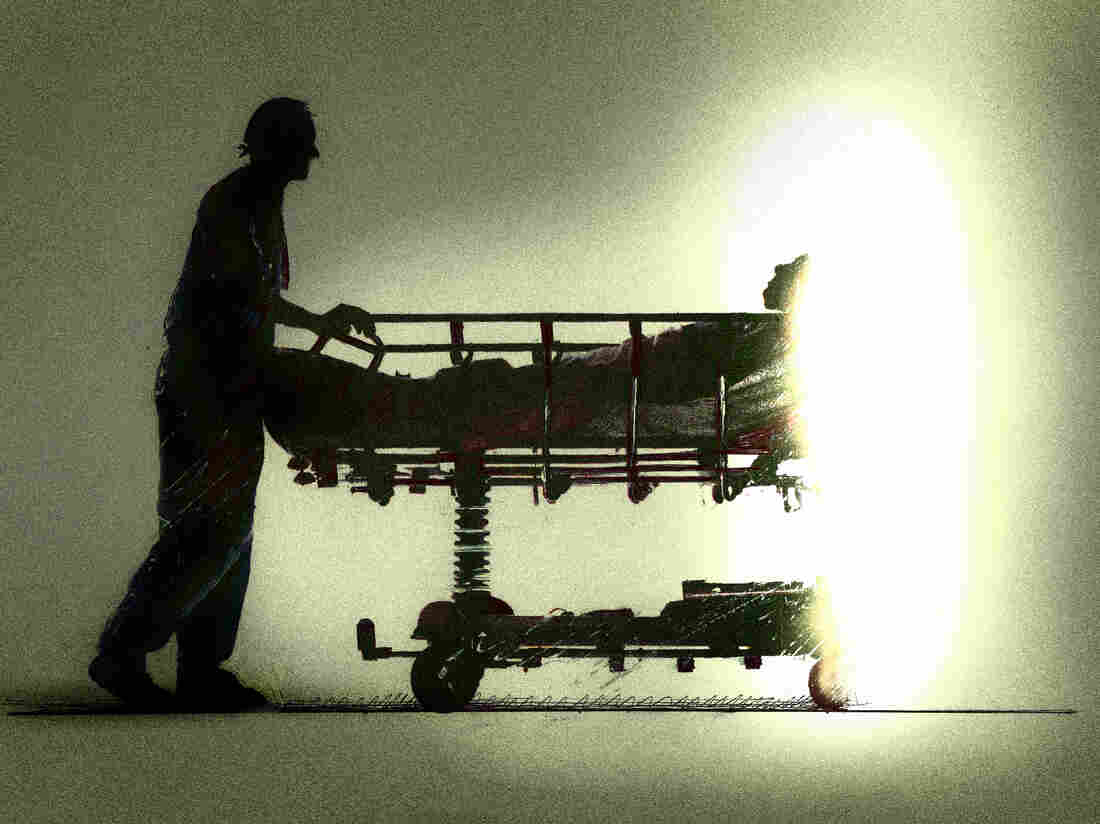Conceptual illustration of a nurse pushing a patient into light symbolising assisted dying.