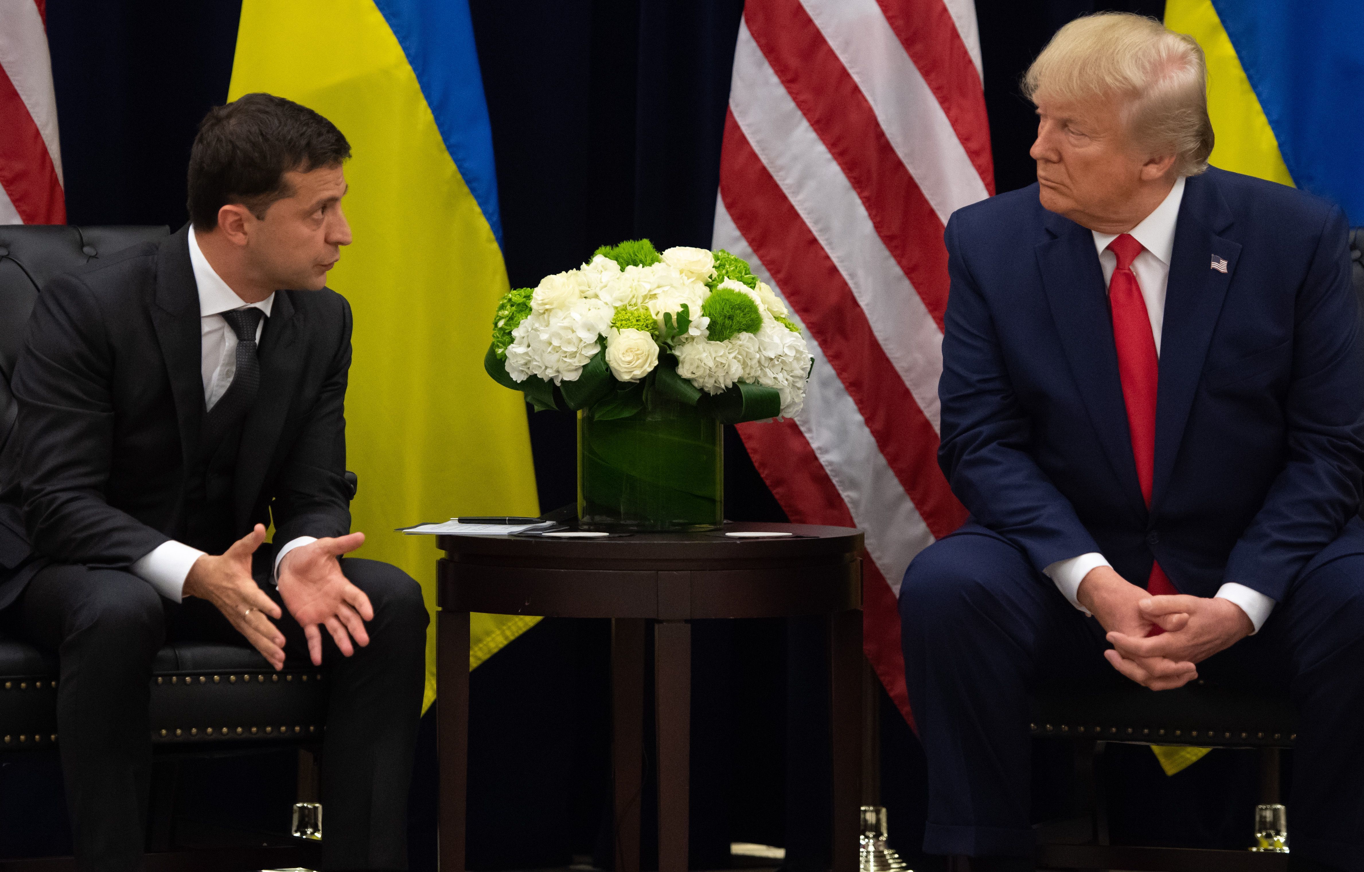 President Trump and Ukrainian President Volodymyr Zelenskiy speak during a meeting in New York on Wednesday, on the sidelines of the U.N. General Assembly in New York City. (AFP/Getty Images)