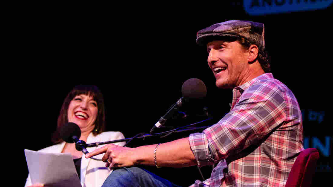 Ophira Eisenberg and Matthew McConaughey appear on Ask Me Another at the Paramount Theatre in Austin, Texas.