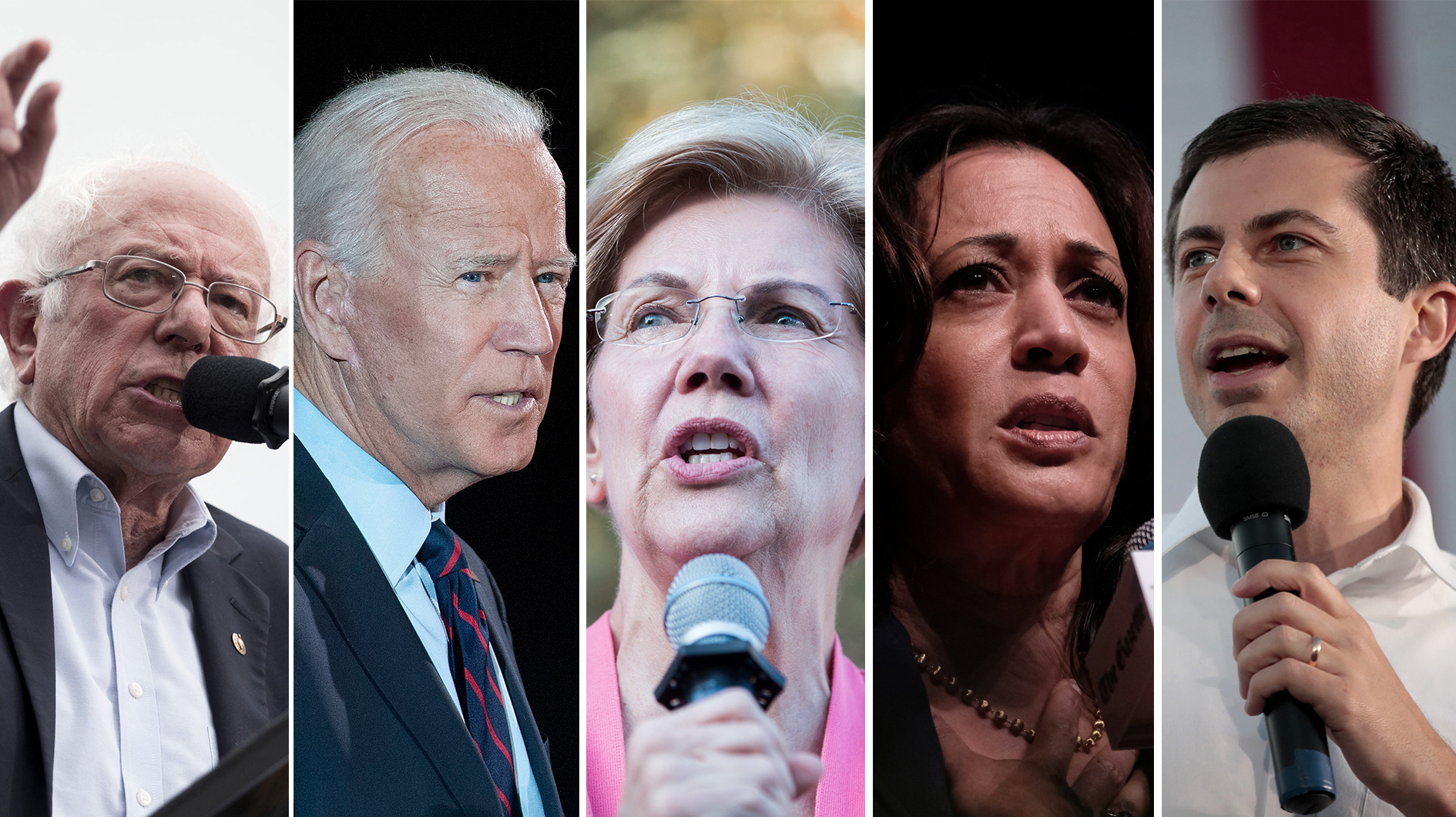 From left to right: Bernie Sanders, Joe Biden, Elizabeth Warren, Kamala Harris and Pete Buttigieg. (Getty Images)