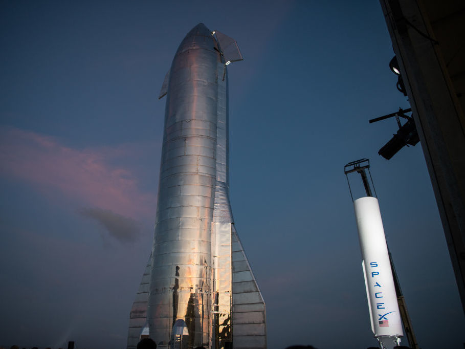 A prototype of SpaceX's Starship stands at the company's Texas launch facility on Saturday. The Starship spacecraft is a massive vehicle designed to eventually be able to take people to the moon, Mars and beyond. (Getty Images)