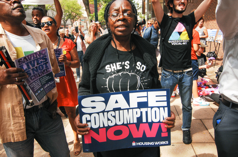 Advocates for safe injection sites rallied in front of the James A Byrne Federal Courthouse in Center City to show their support for evidence-based harm reduction policies, an end to the dehumanization of people suffering from addiction and the opening of Safehouse a safe injection site in Philadelphia, PA on September 5, 2019. (Cory Clark/NurPhoto/Getty Images)