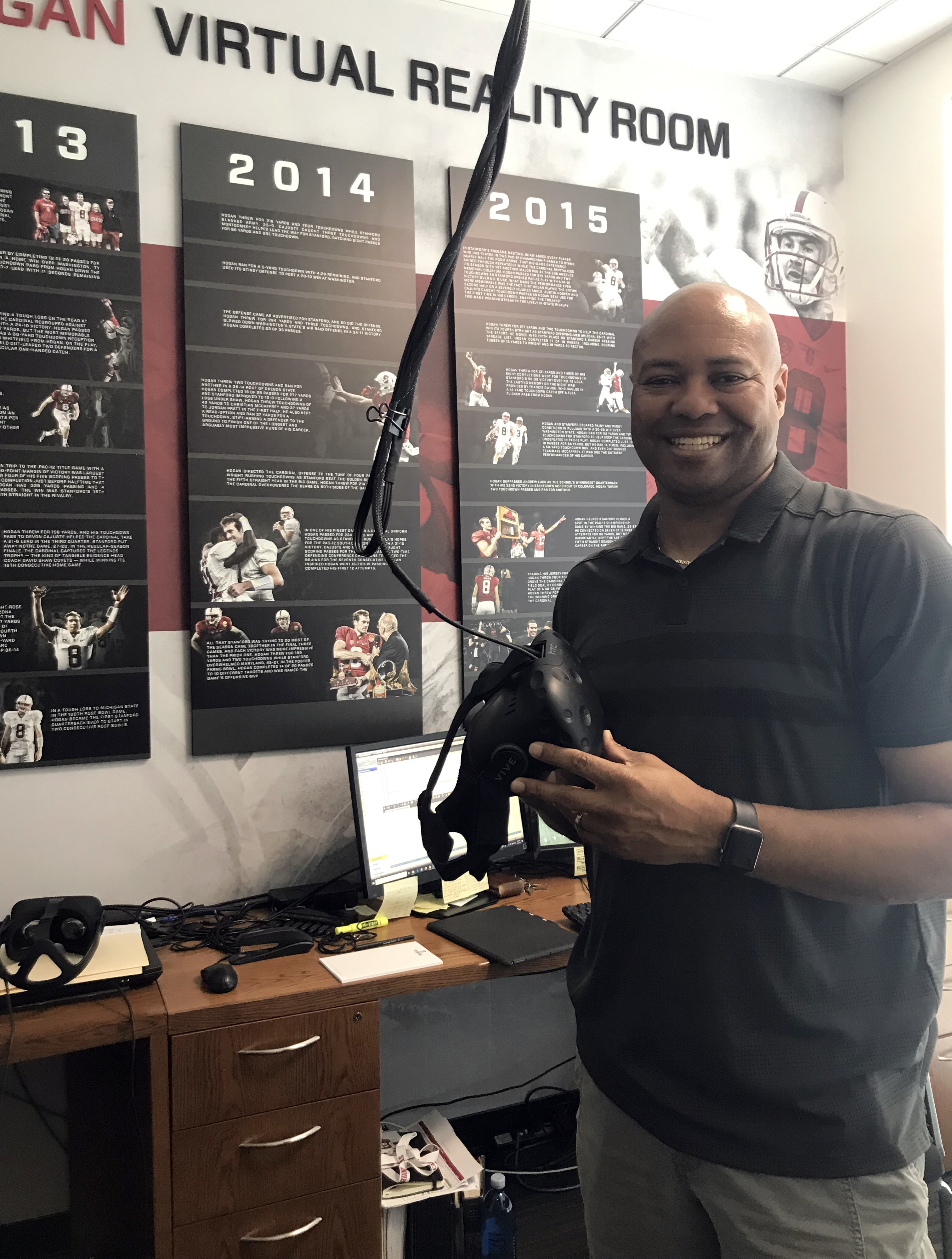 Stanford football coach David Shaw says virtual reality training has helped his team. "Their brain is seeing these visuals, these different formations and motions and plays and defenses," he says of players using VR. "The more they see them, the quicker they react."