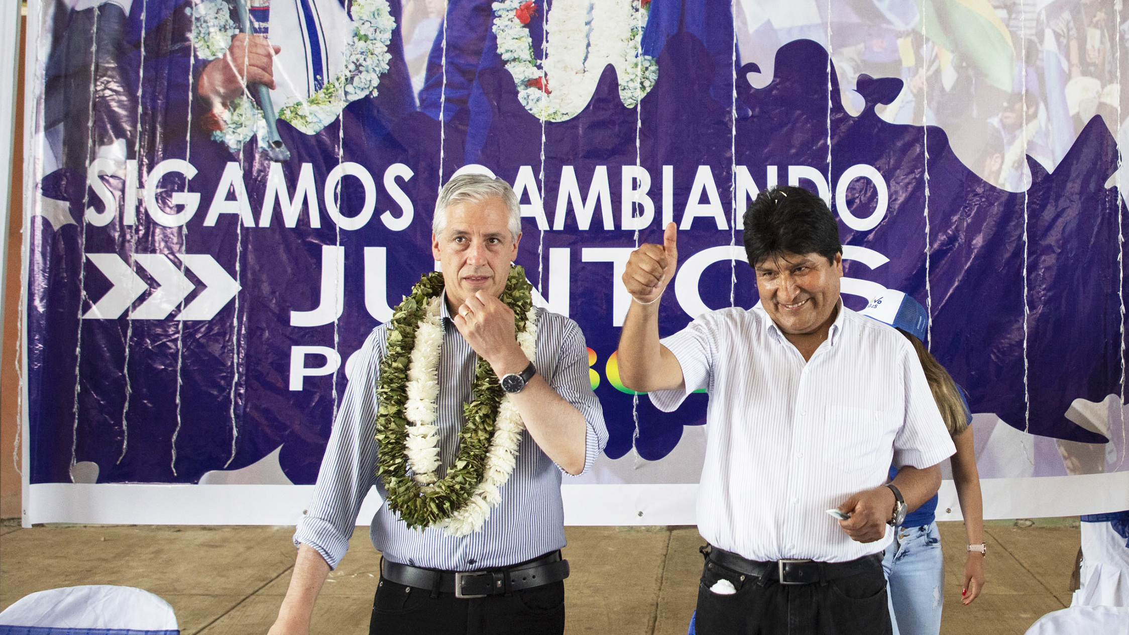 Bolivian President Evo Morales (right) with Vice President Álvaro García Linera launch their campaign for reelection in Chimore, Cochabamba department, Bolivia on May 18. The election is set for Oct. 20.