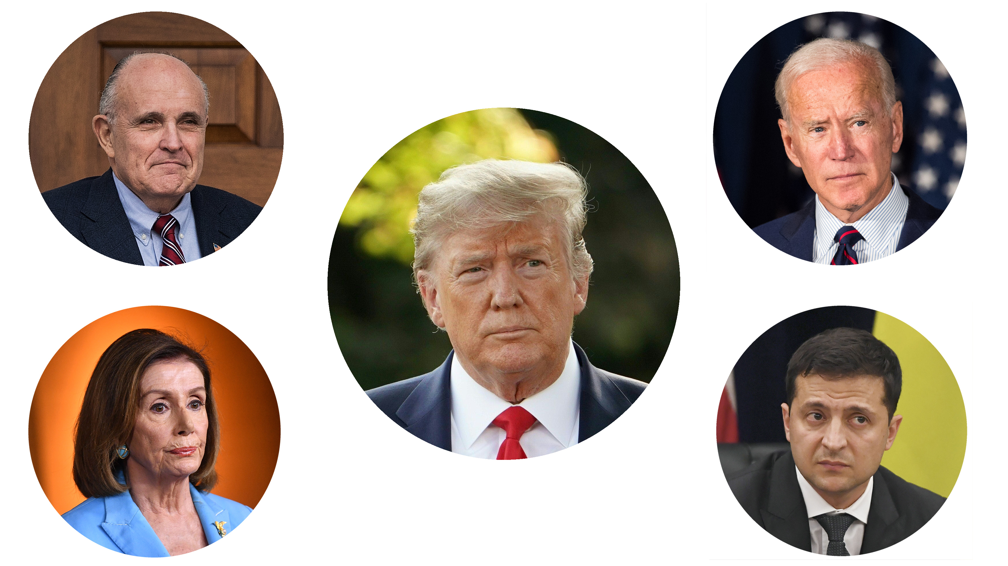 Clockwise from top left: Rudy Giuliani, President Trump, former Vice President Joe Biden, Ukrainian President Volodymyr Zelenskiy and House Speaker Nancy Pelosi. (AFP/Getty Images and Getty Images)