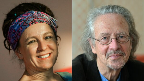 Polish author Olga Tokarczuk (left) won the postponed 2018 Nobel Prize for literature and Austrian novelist and playwright Peter Handke won the 2019 award. 