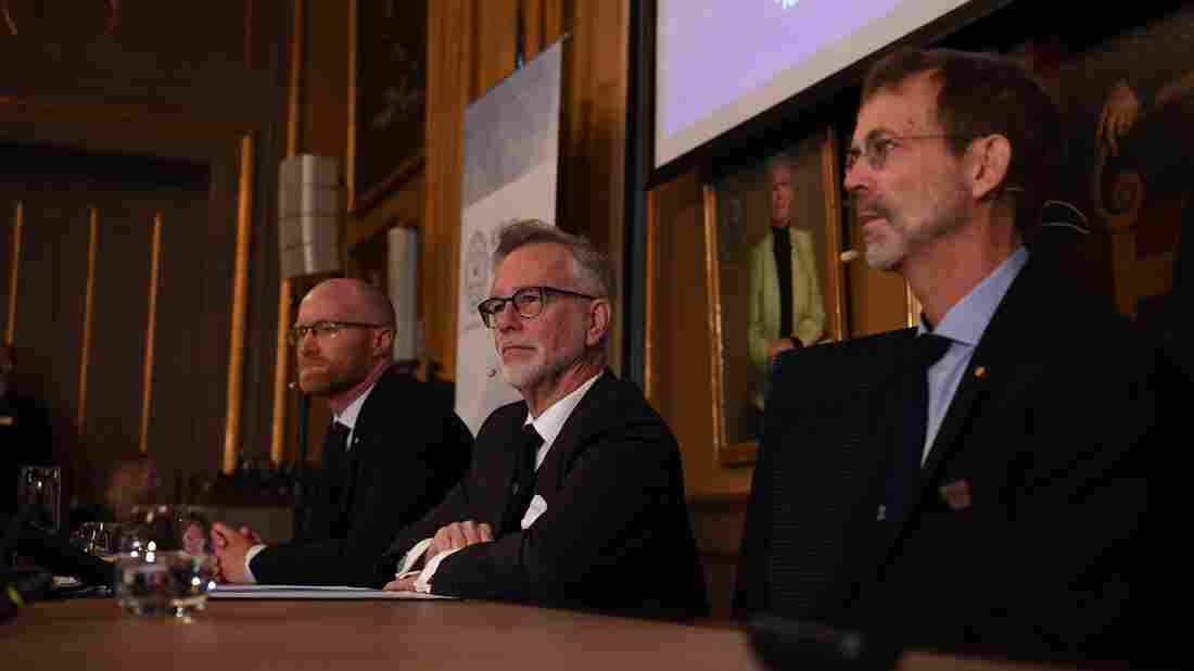 The announcement of the winners of the 2019 Nobel Prize in Economic Sciences at the Royal Swedish Academy of Sciences. (Photo by Jonathan NACKSTRAND / AFP)