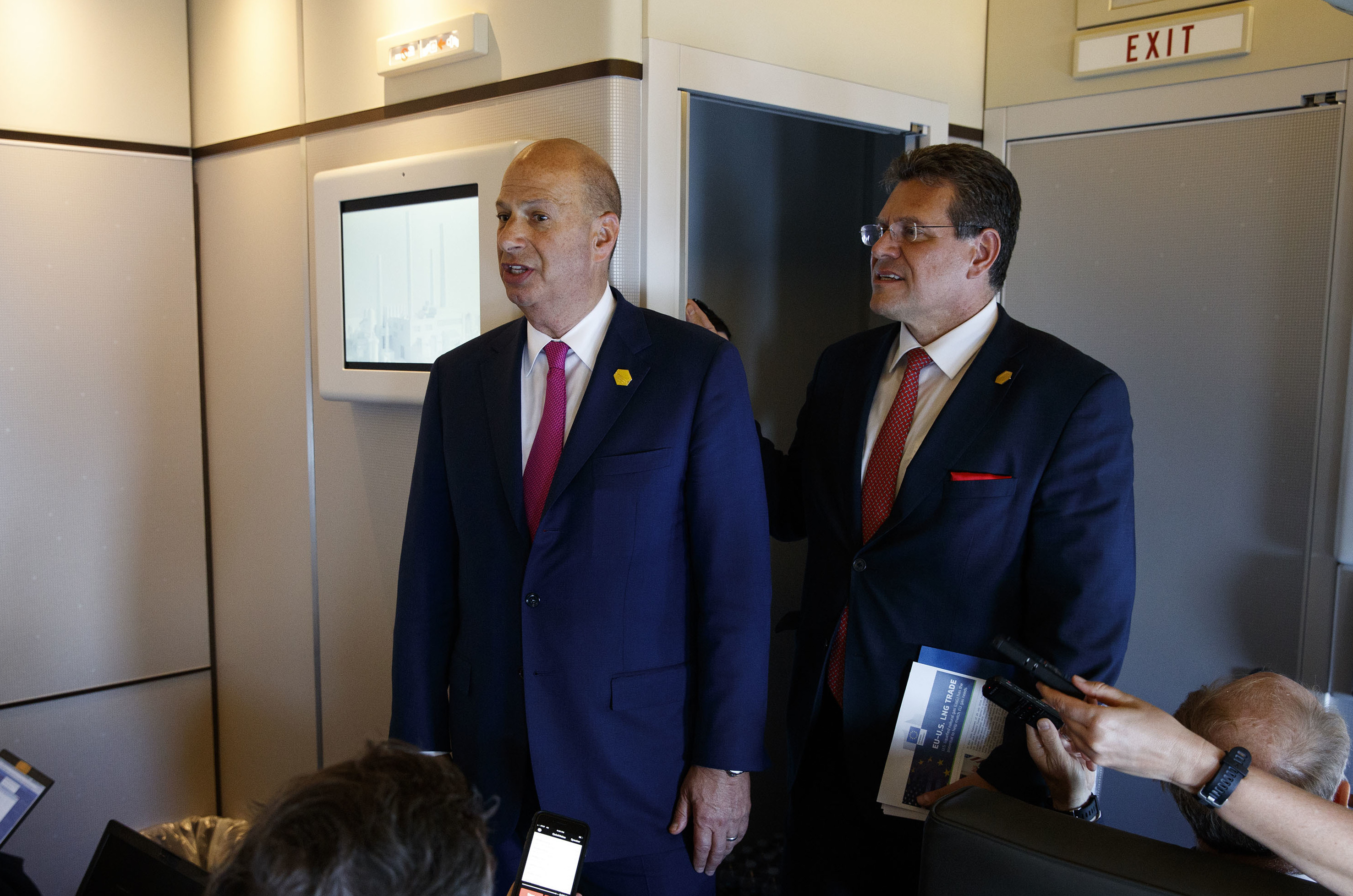 Gordon Sondland, U.S. ambassador to the European Union, left, and EU Vice President Maros Sefcovic speak with reporters about trade as they travel with President Donald Trump on May 14.