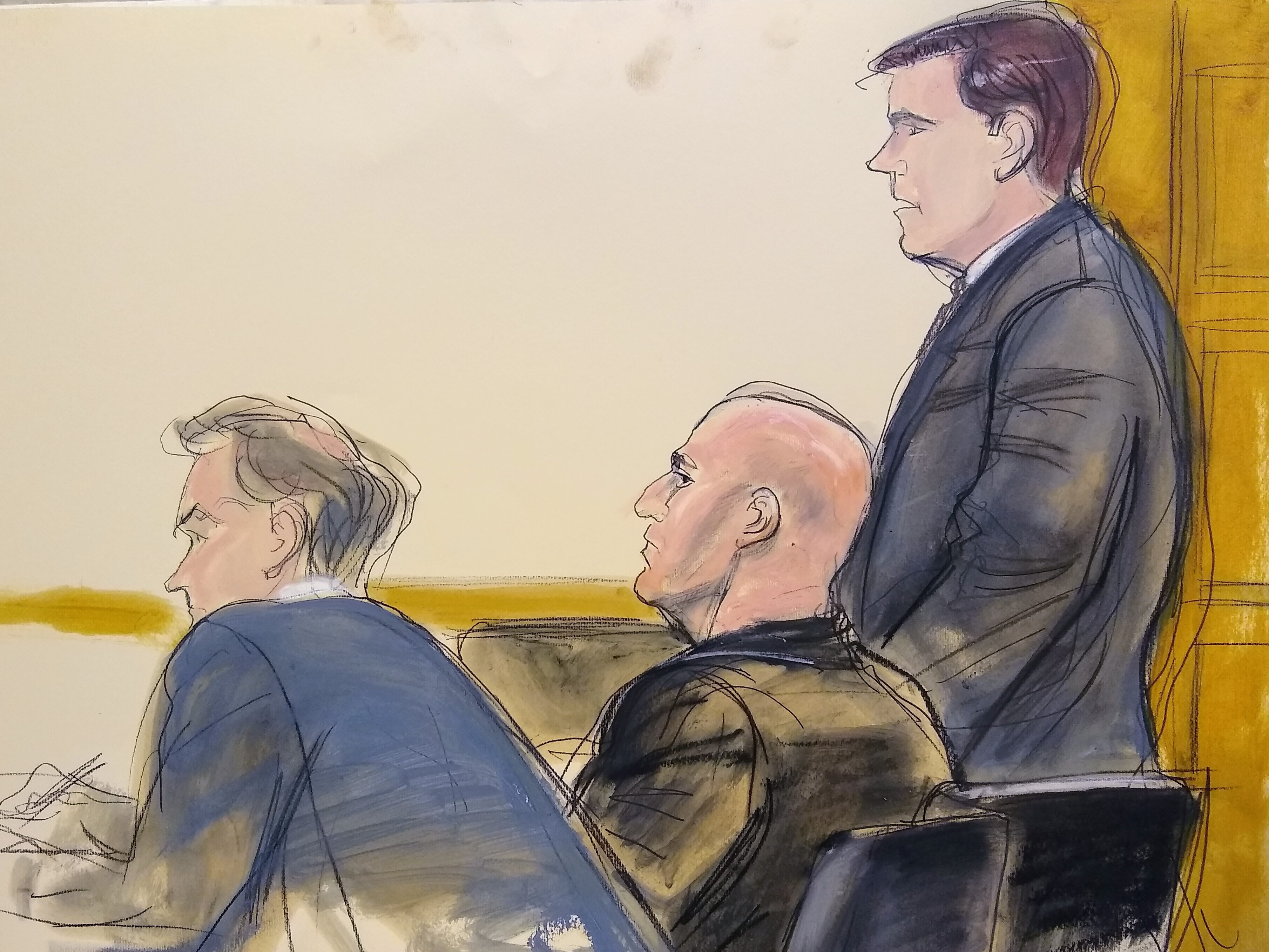 In this courtroom artist's sketch, defense attorney William Harrington, left, defendant David Correia, center, and defense attorney Jeff Marcus appear in U.S. District Court for the Southern District of New York on Wednesday.