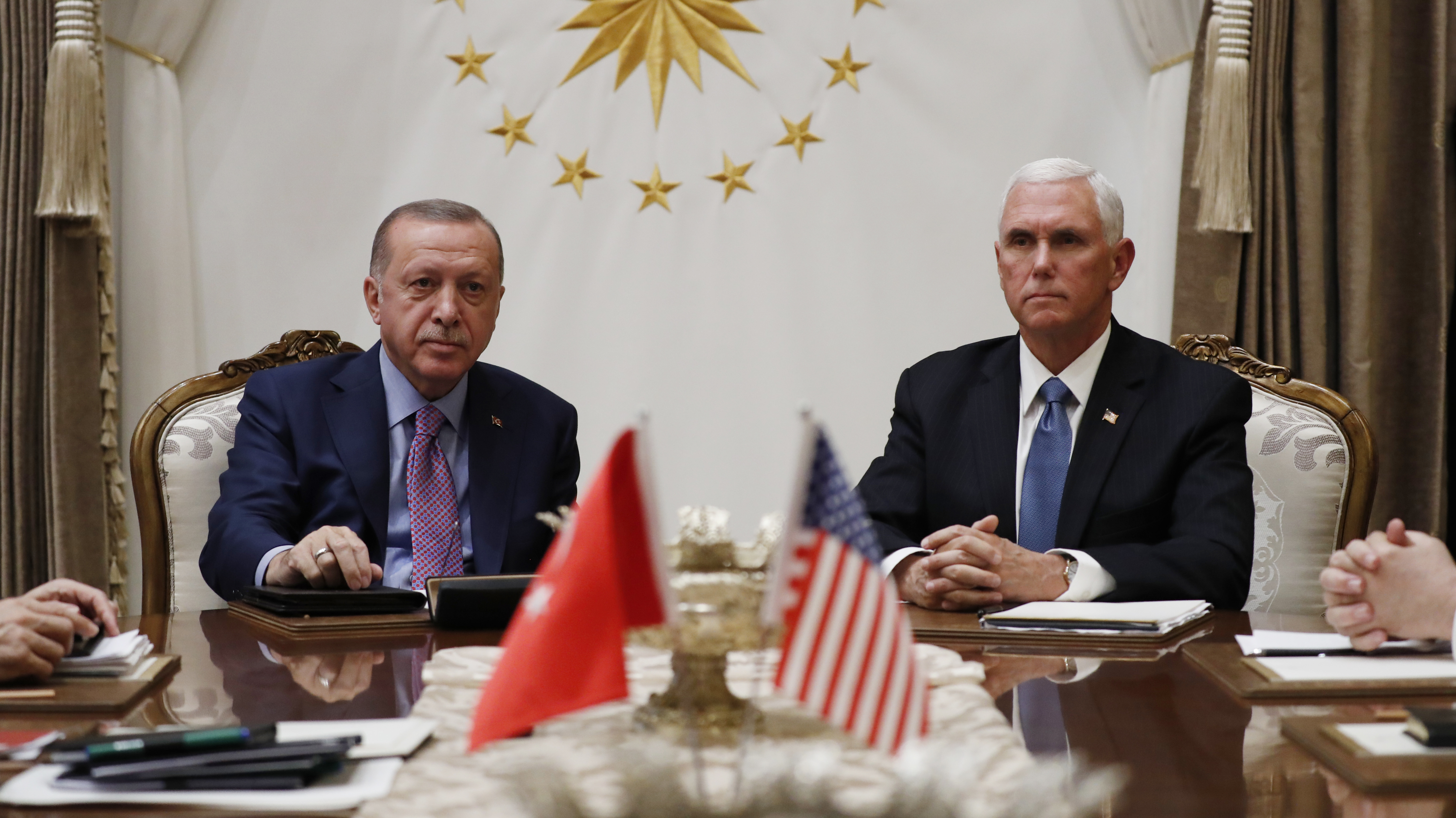 Vice President Mike Pence meets with Turkish President Recep Tayyip Erdogan at the Presidential Palace for talks on the Kurds and Syria on Thursday in Ankara, Turkey.