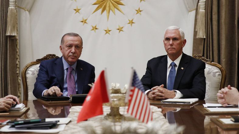 Turkish President Recep Tayyip Erdogan and Vice President Pence meet Thursday at the Presidential Palace in Ankara, Turkey, for talks on the Kurds and Syria. (Jacquelyn Martin/AP)