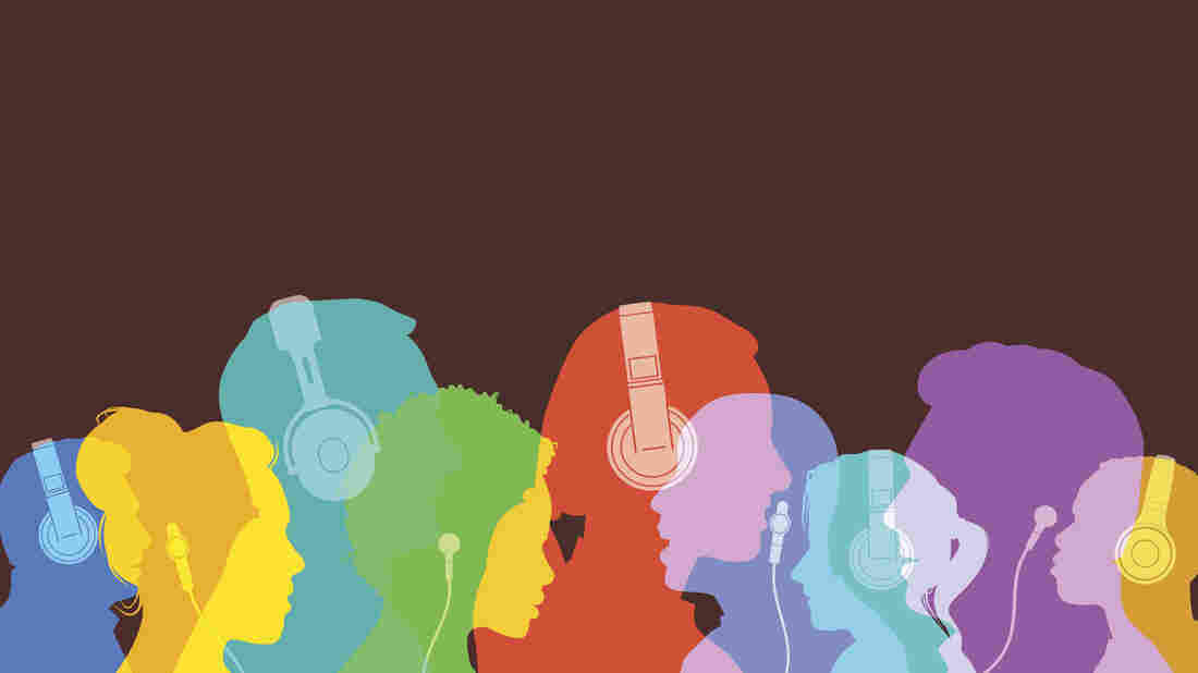Colorful overlapping silhouettes of head profiles with earphones and headphones.