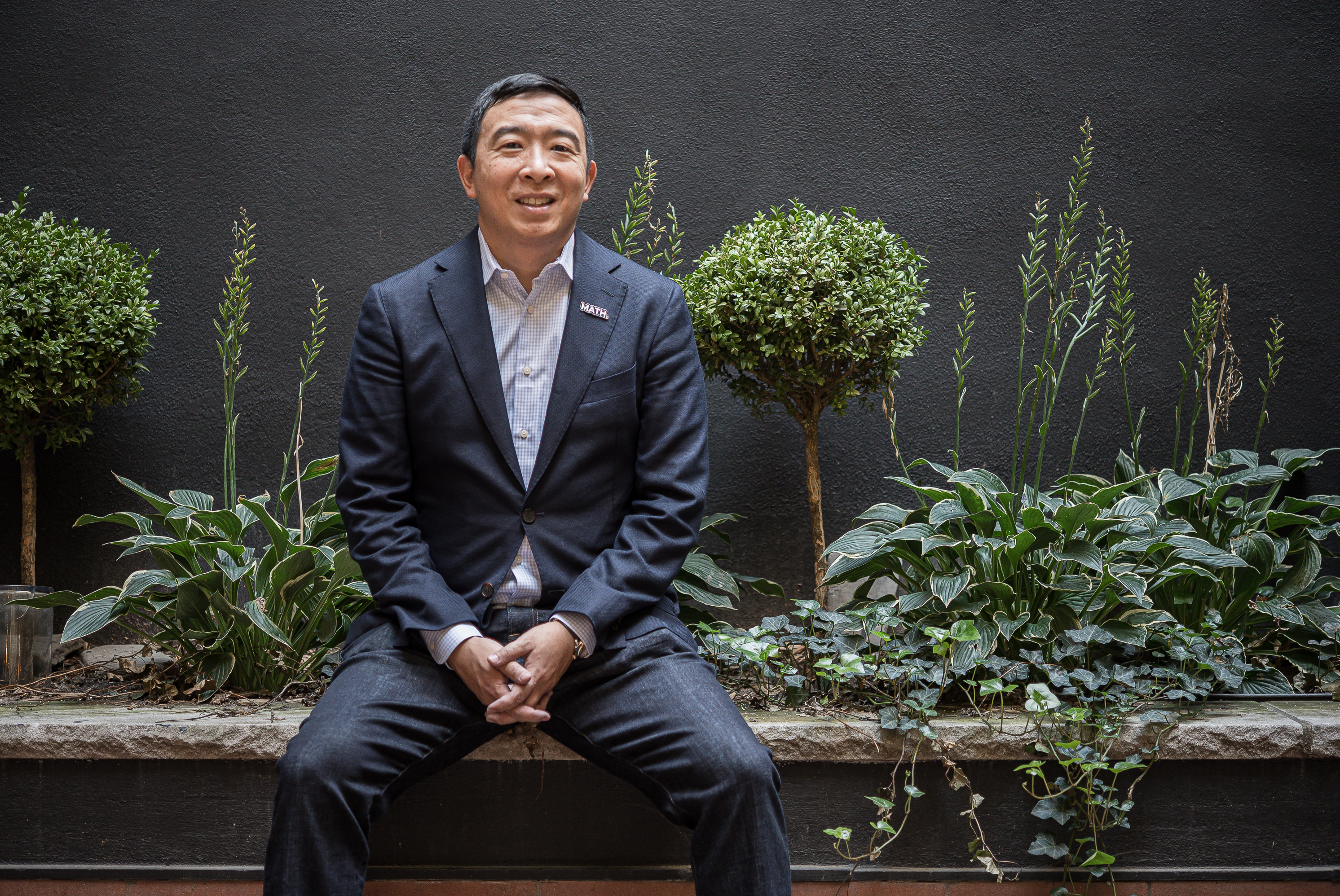 Entrepreneur and presidential hopeful Andrew Yang in the Chelsea neighborhood in Manhattan ahead of a meeting with undecided voters moderated by NPR. (A.J. Chavar for NPR)