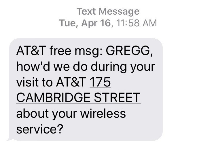 After regaining control of his number, Gregg Bennett says he received this automatic text message from the AT&T store in Boston that he believes was used by the SIM-swappers. (Gregg Bennett)