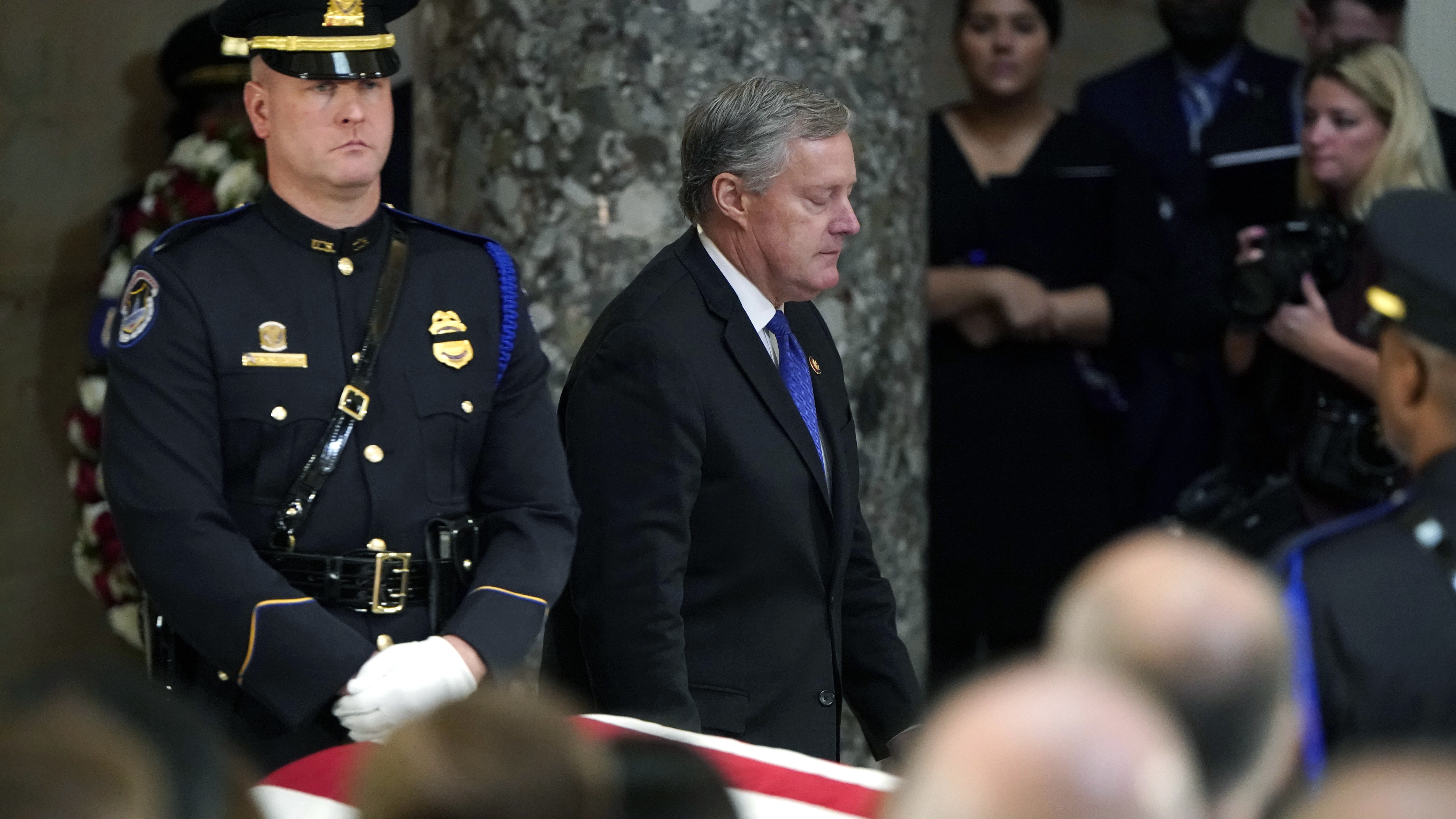 Rep. Mark Meadows closes his eyes as he walks past the casket after speaking during the memorial service for his close friend Rep. Elijah Cummings, D-Md., on Capitol Hill on Thursday. (Pool/Getty Images)