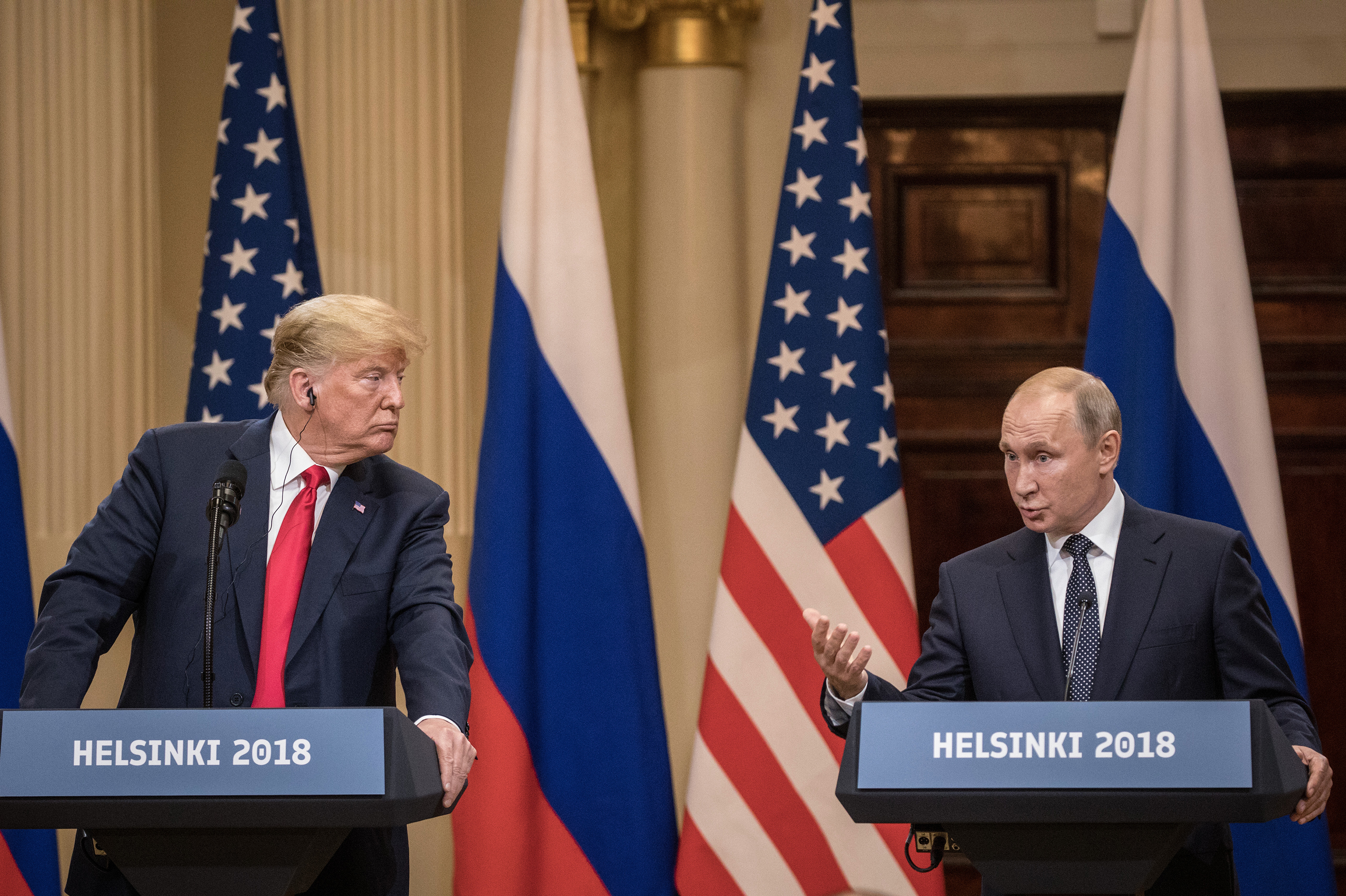 President Trump and Russian President Vladimir Putin answer questions about 2016 U.S. election interference during a joint press conference after their summit on July 16, 2018, in Helsinki, Finland.